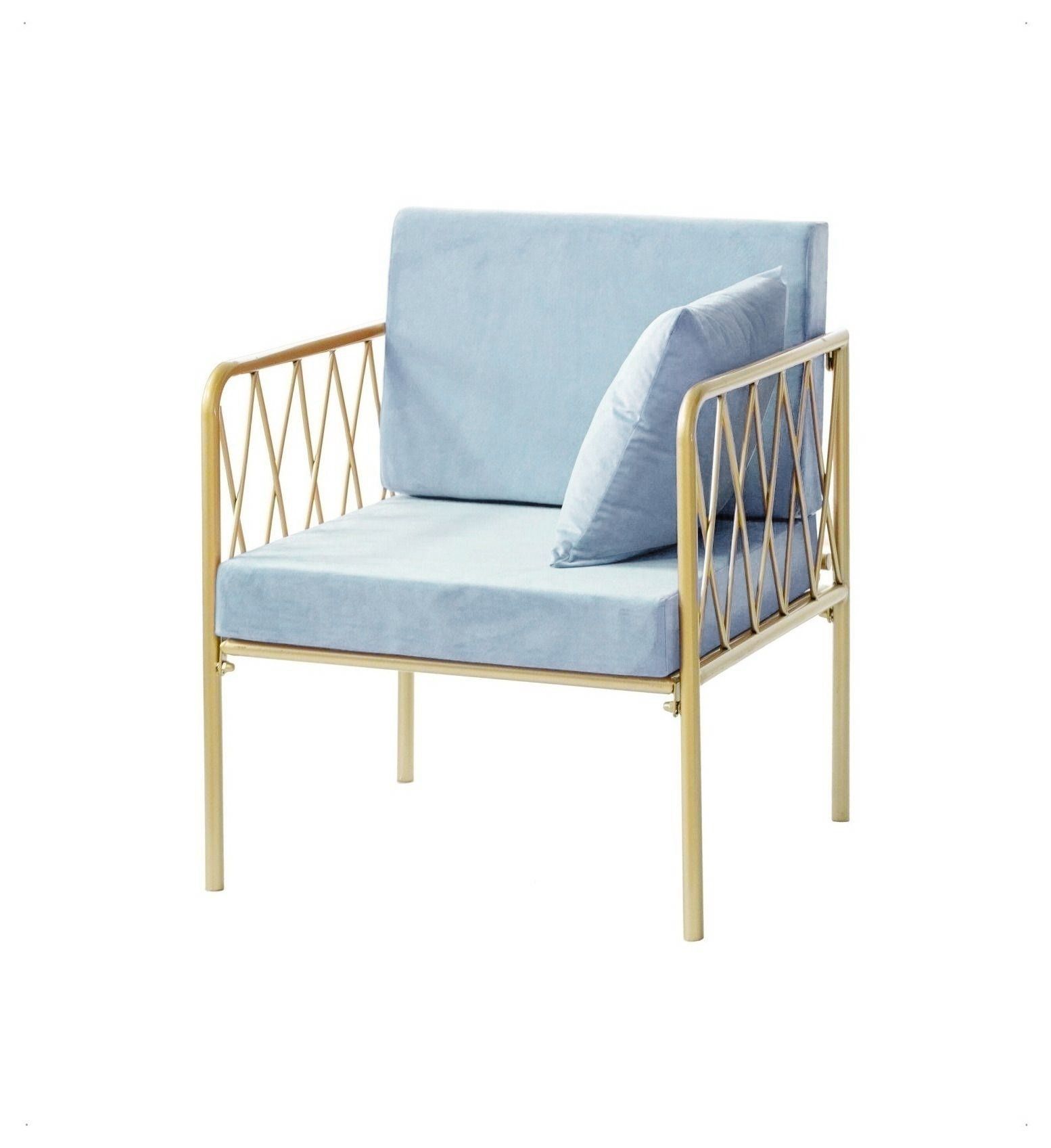 Single-seat lounge armchair with gold metal frame, open back and velvet cushion—accent lounge setup (rental, Dubai).