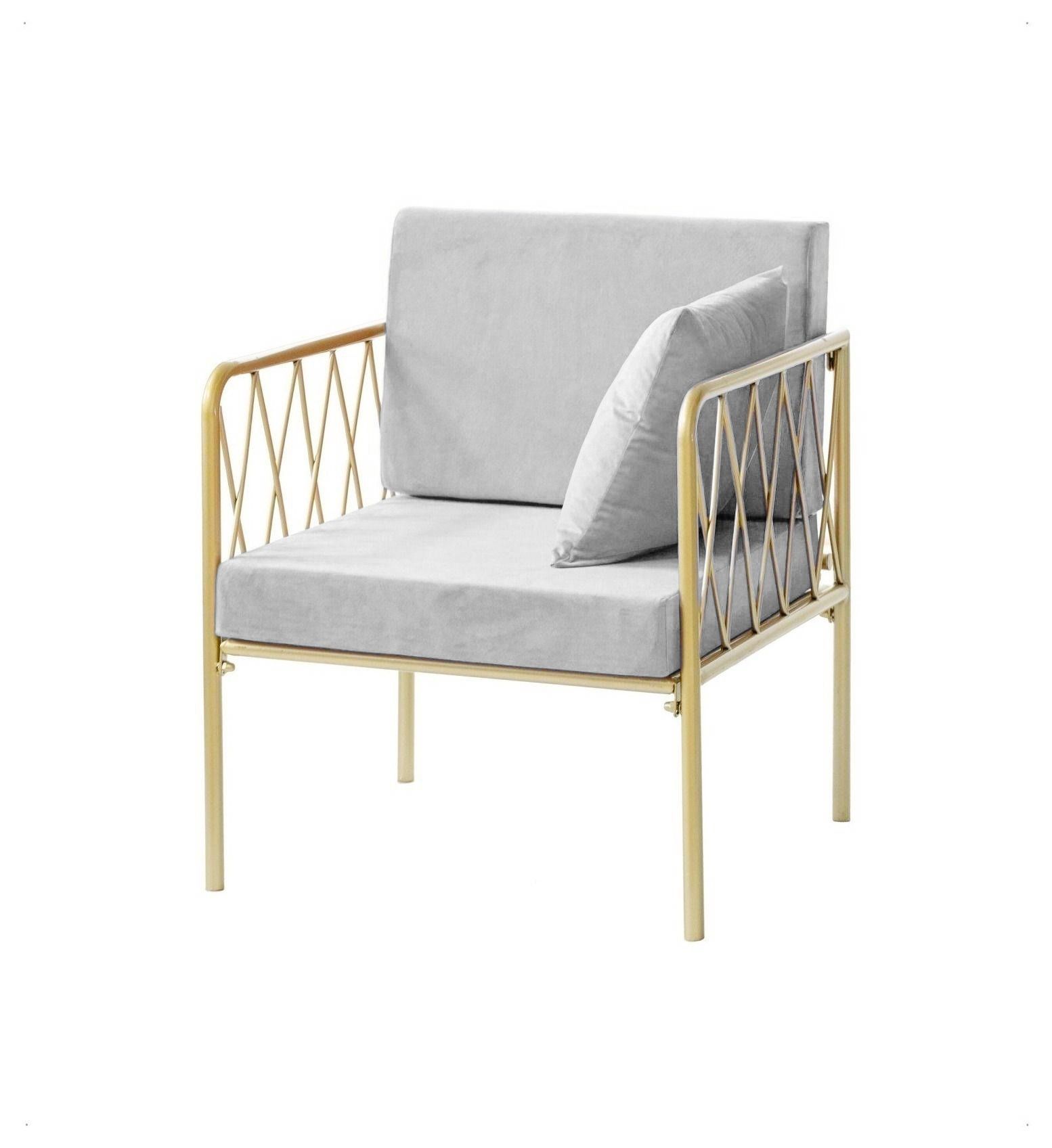 Single-seat lounge armchair with gold metal frame, open back and velvet cushion—accent lounge setup (rental, Dubai).