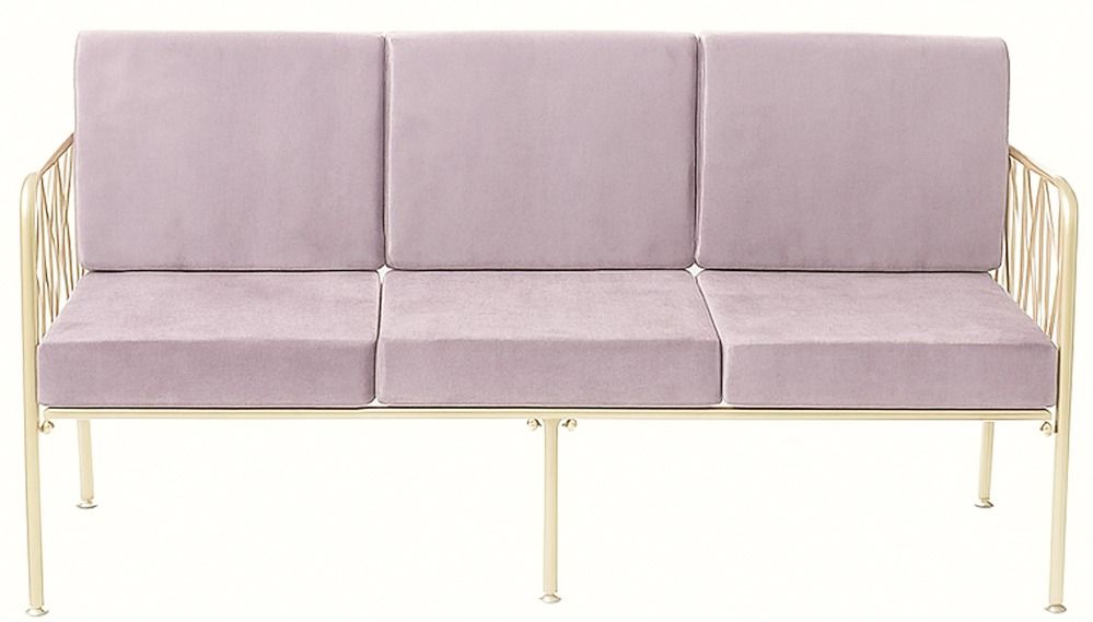 Three-seater lounge sofa with gold metal frame, open back and velvet cushions—centerpiece lounge setup (rental, Dubai).