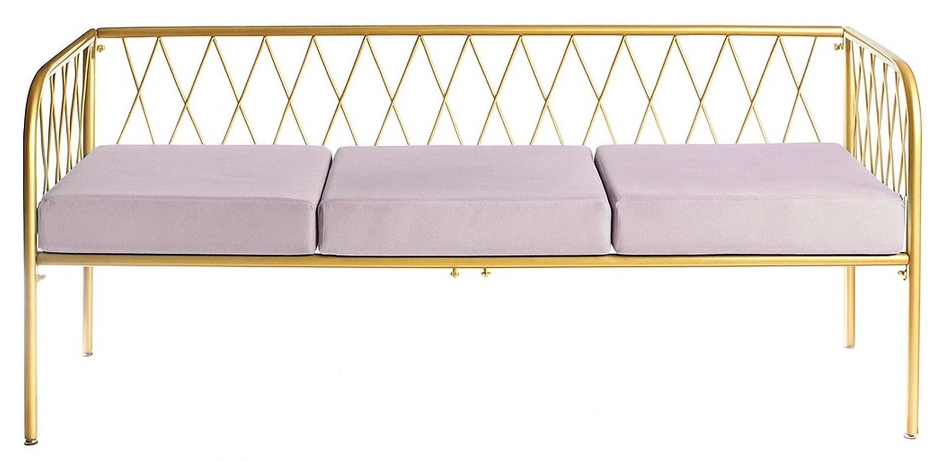 Lounge bench with gold metal frame and velvet cushion(s), visually light centerpiece setup (rental, Dubai).
