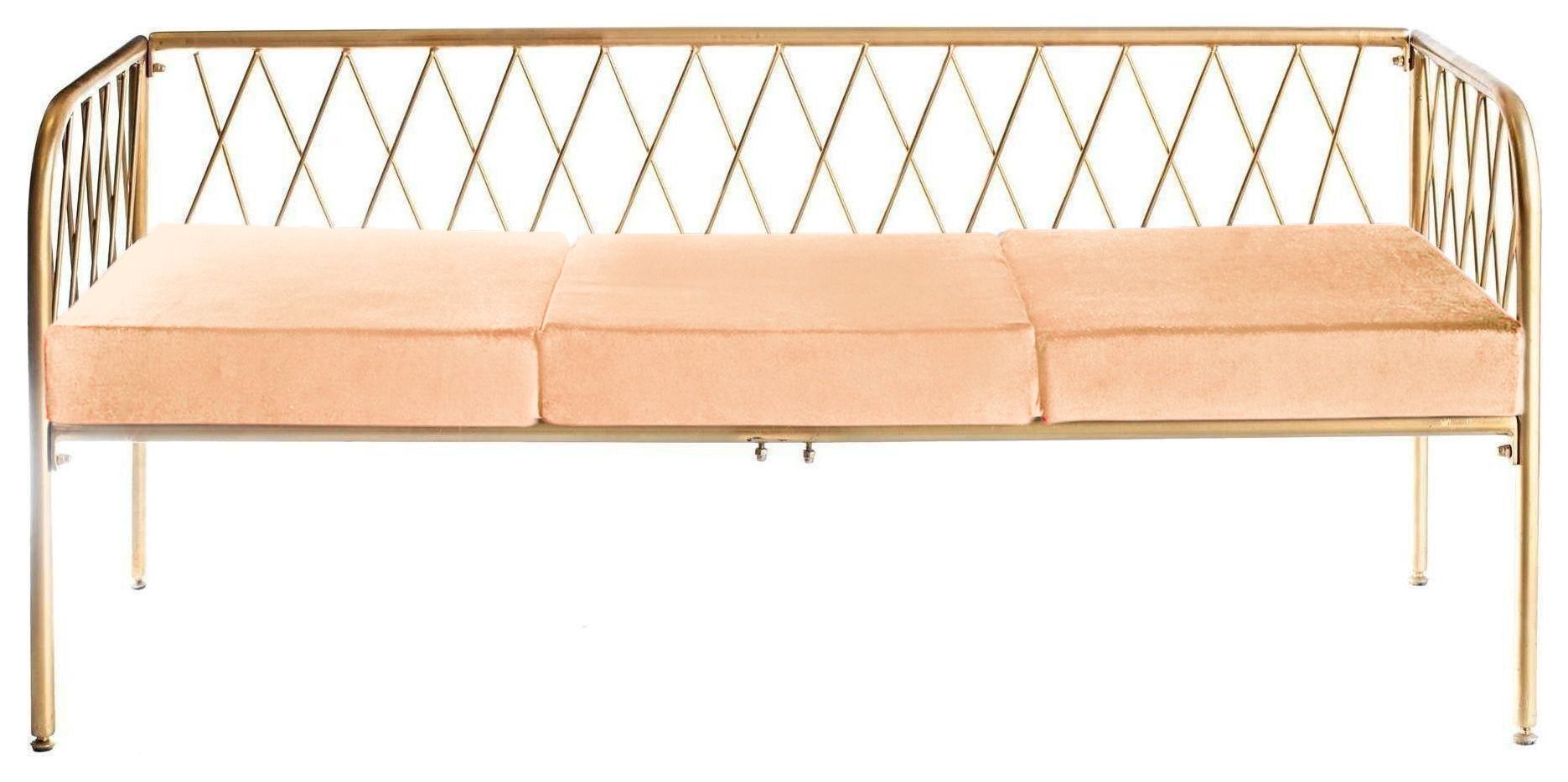 Lounge bench with gold metal frame and velvet cushion(s), visually light centerpiece setup (rental, Dubai).