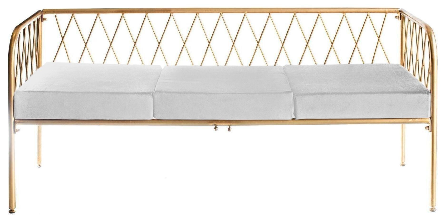 Lounge bench with gold metal frame and velvet cushion(s), visually light centerpiece setup (rental, Dubai).
