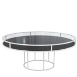 White round CORNELL table with black plastic shelve and clear glass top 