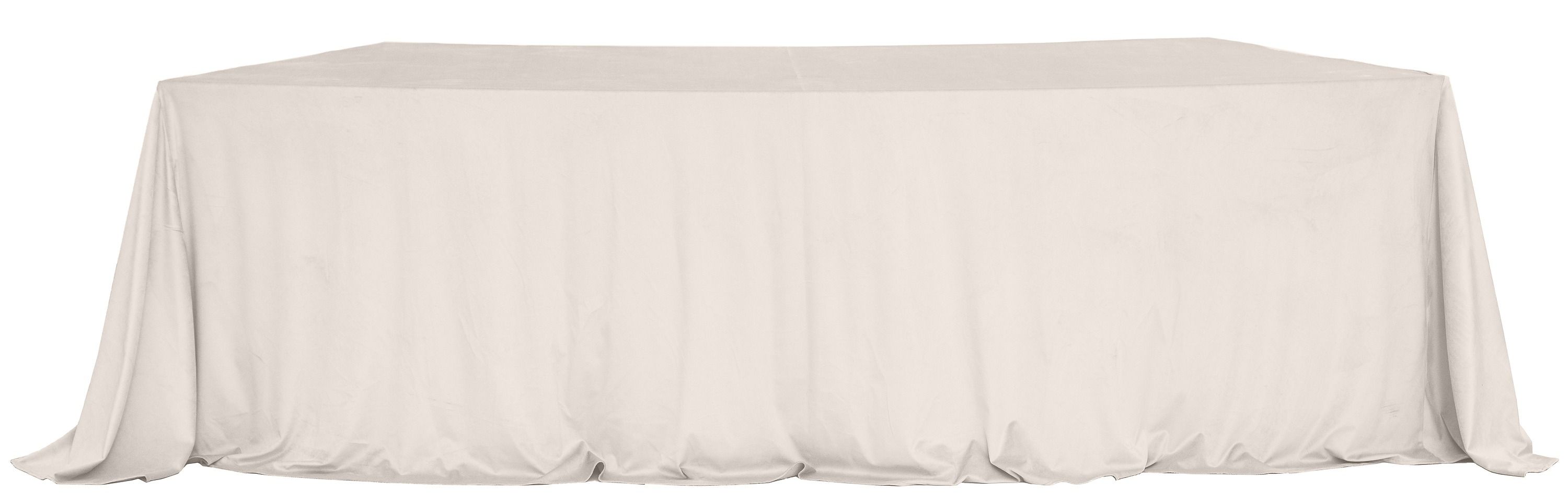 LARGO beige velvet tablecloth on a serpentine (wave) table — seamless top, floor-length drape with soft corner pooling.