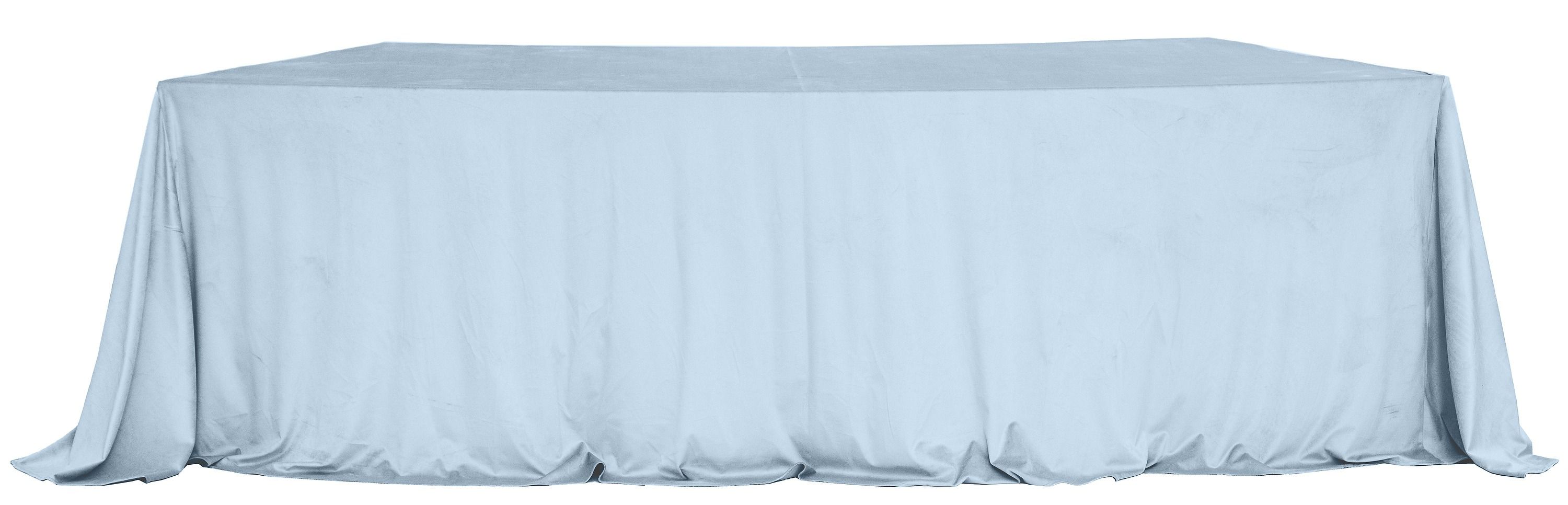 LARGO blue velvet tablecloth on a serpentine (wave) table — seamless top, floor-length drape with soft corner pooling.