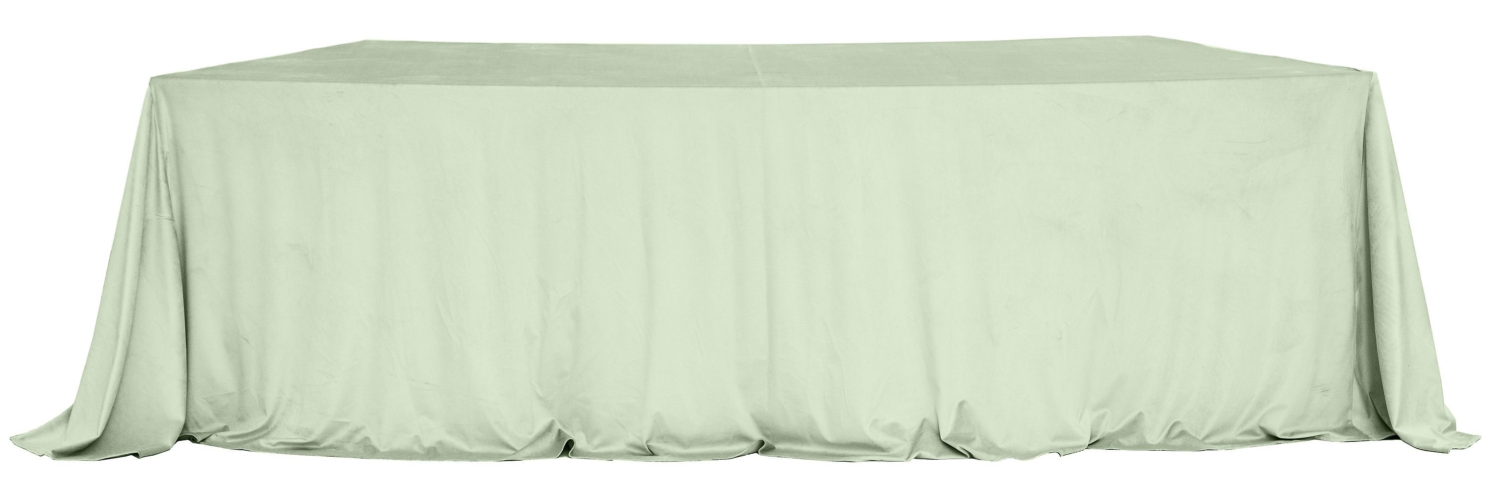 LARGO fern velvet tablecloth on a serpentine (wave) table — seamless top, floor-length drape with soft corner pooling.