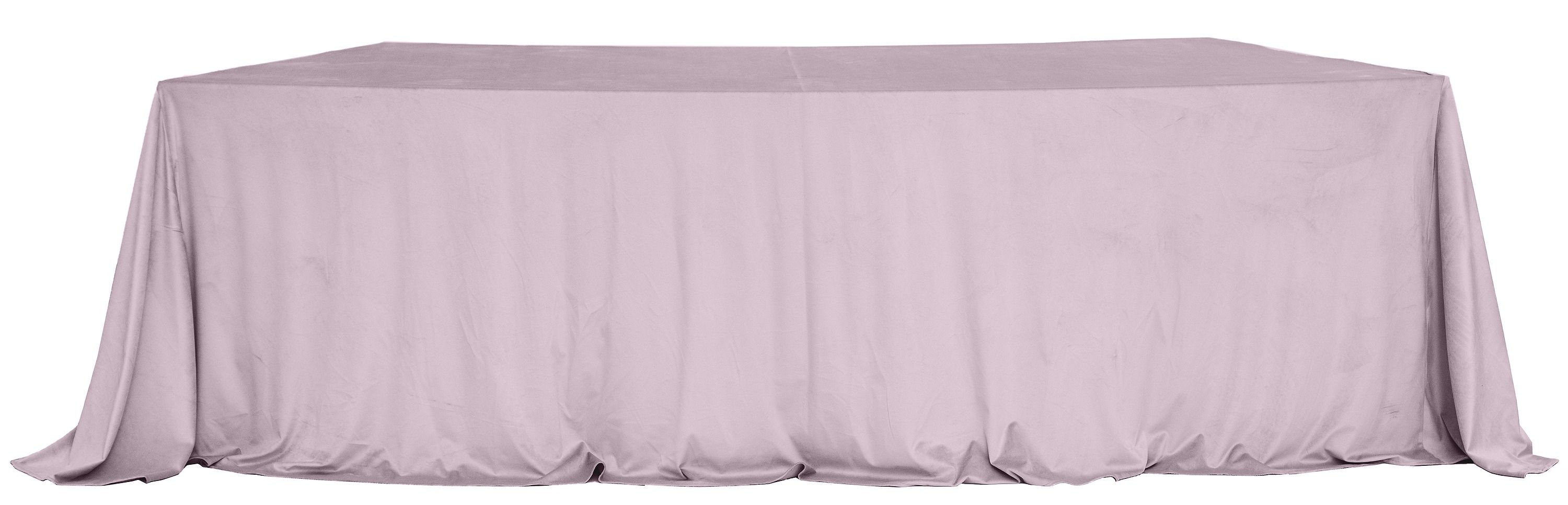 LARGO heather velvet tablecloth on a serpentine (wave) table — seamless top, floor-length drape with soft corner pooling.