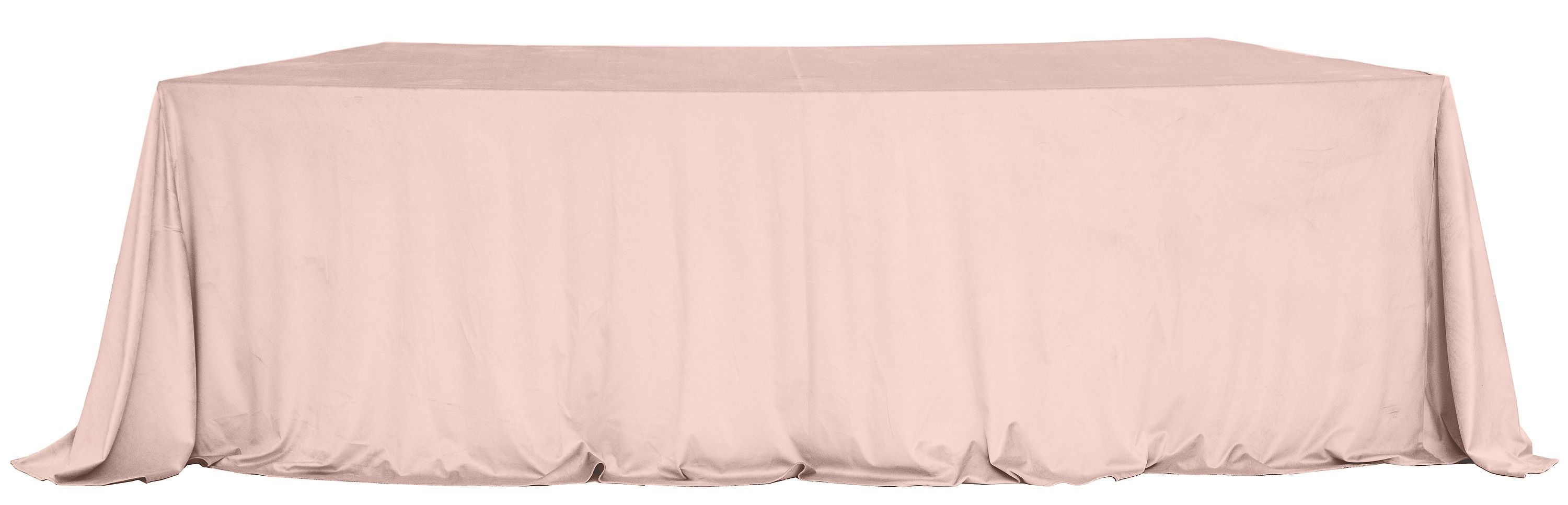 LARGO nude velvet tablecloth on a serpentine (wave) table — seamless top, floor-length drape with soft corner pooling.