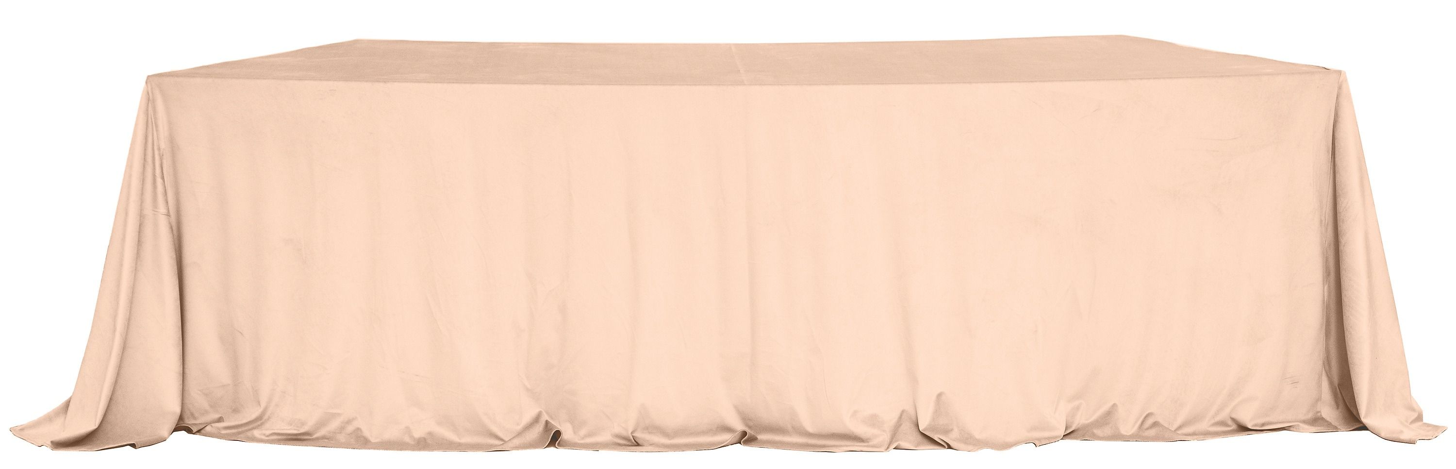 LARGO peach velvet tablecloth on a serpentine (wave) table — seamless top, floor-length drape with soft corner pooling.
