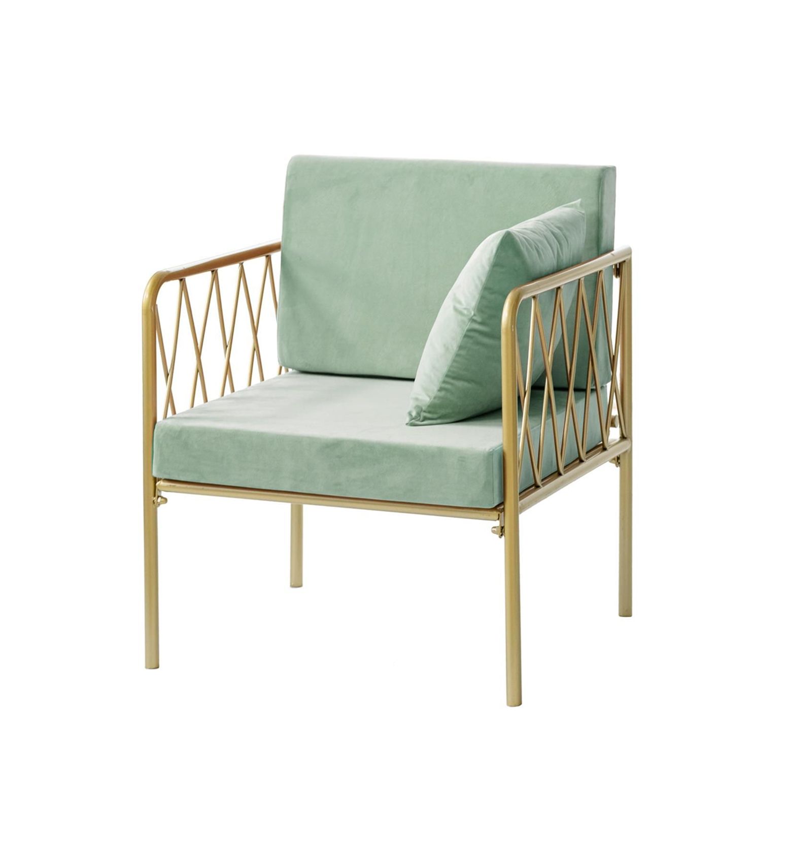 Single-seat lounge armchair with gold metal frame, open back and velvet cushion—accent lounge setup (rental, Dubai).