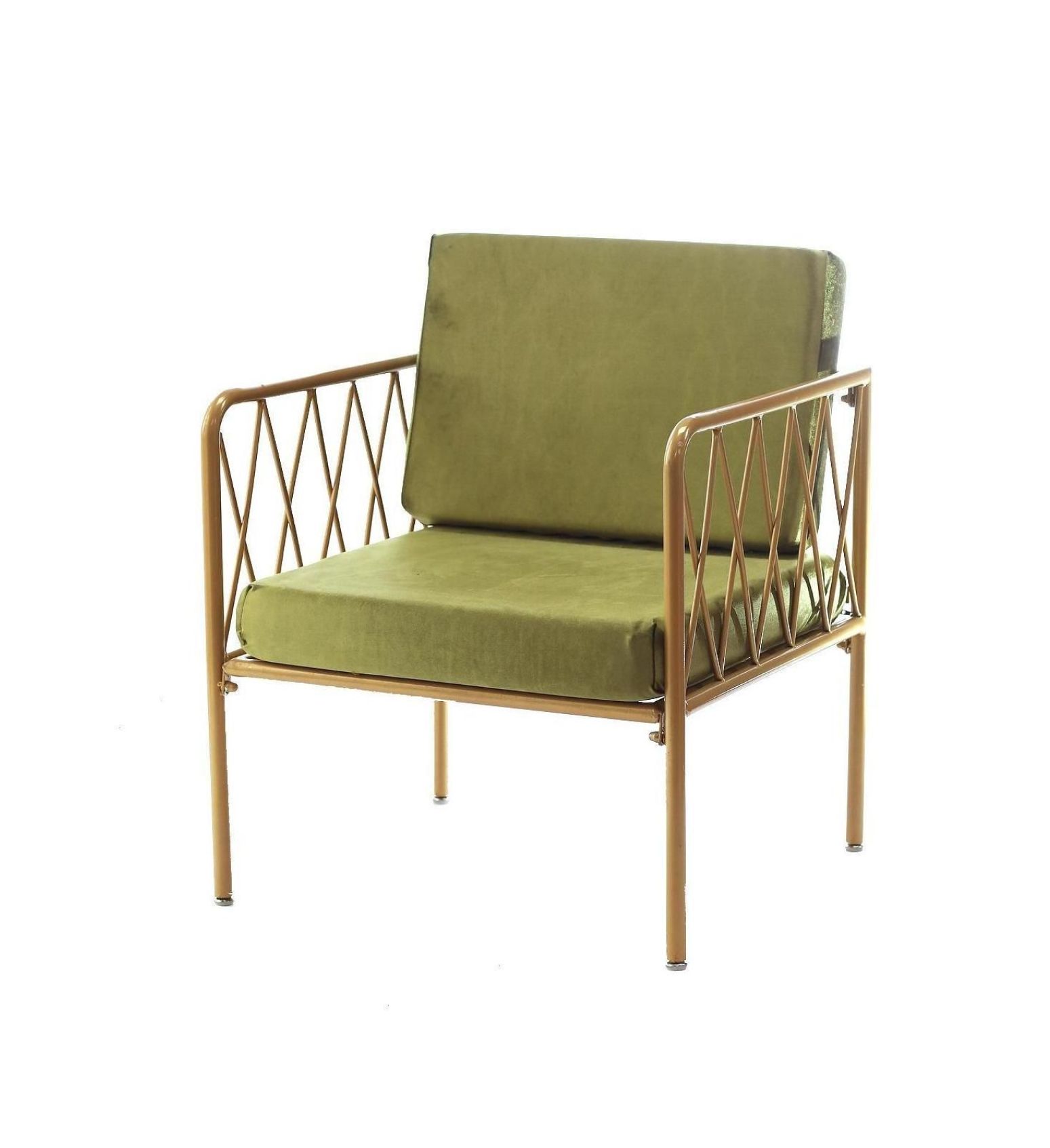 Single-seat lounge armchair with gold metal frame, open back and velvet cushion—accent lounge setup (rental, Dubai).