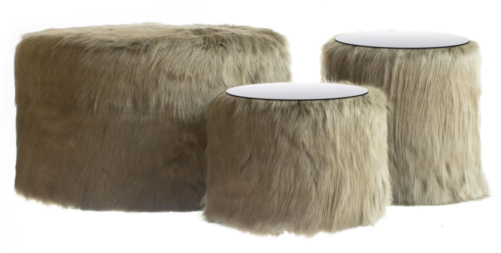 NORMAN FUR TABLES, set of 3 round poufs with mirrored tops, green fur