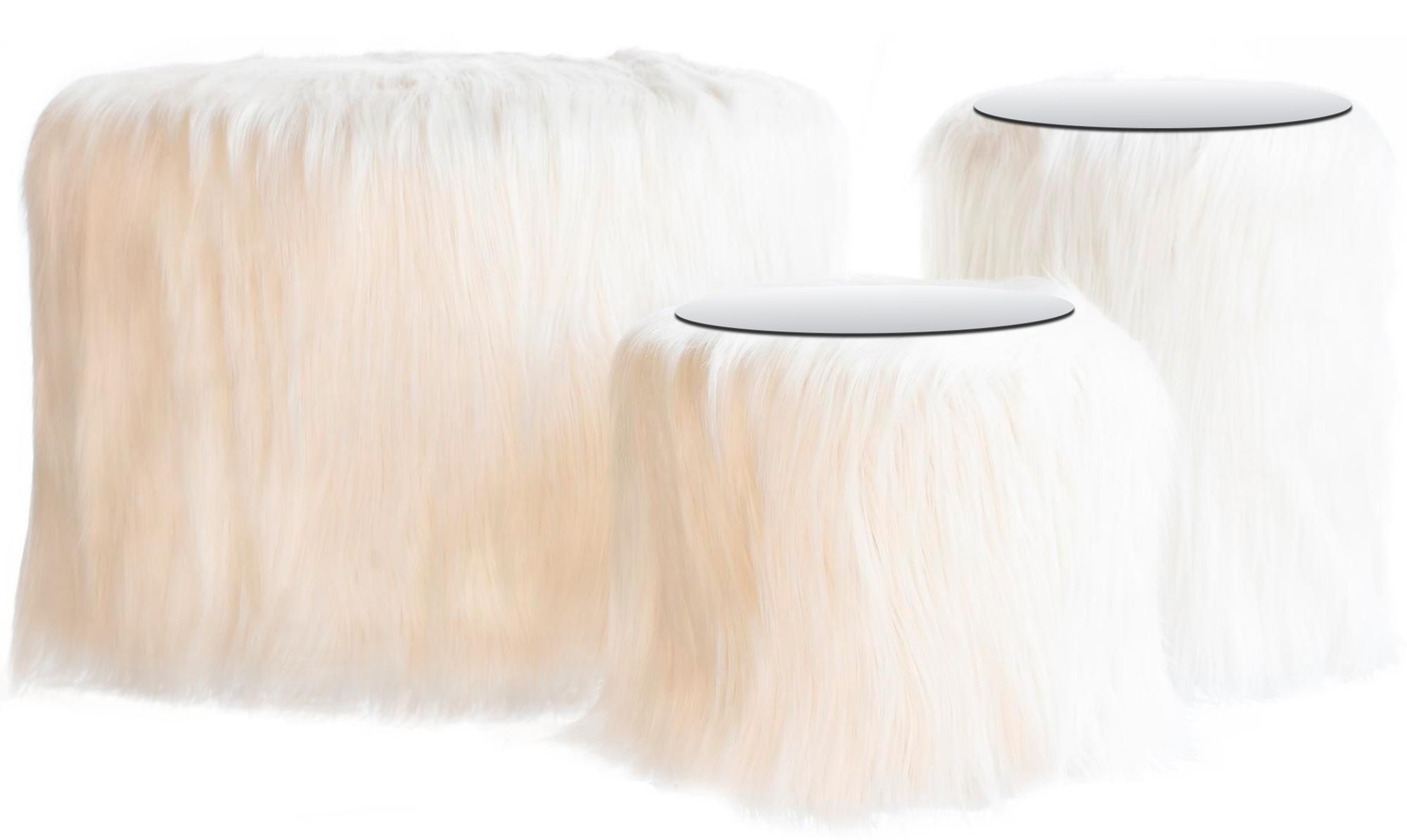 NORMAN FUR TABLES, set of 3 round poufs with mirrored tops, white fur
