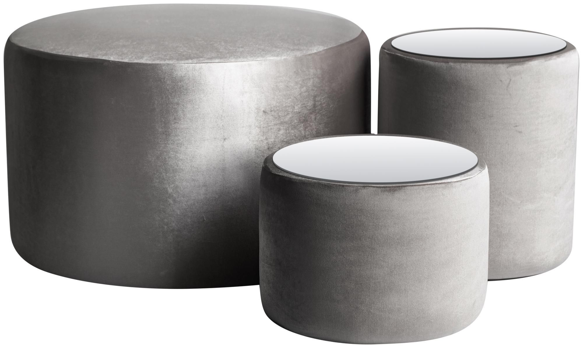 NORMAN TABLES, set of 3 round poufs with mirrored tops, ash-grey
