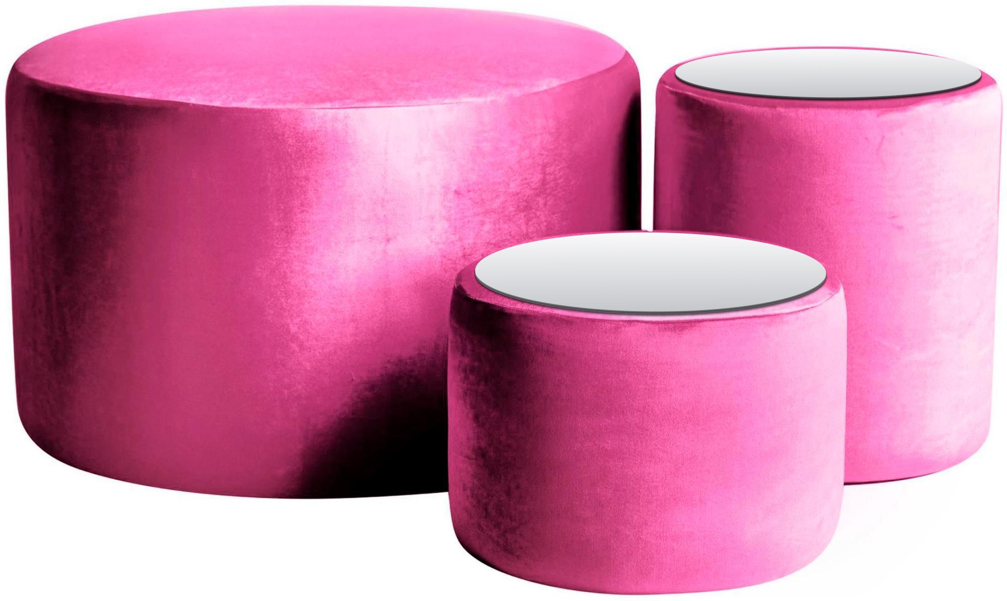 NORMAN TABLES, set of 3 round poufs with mirrored tops, barbie pink