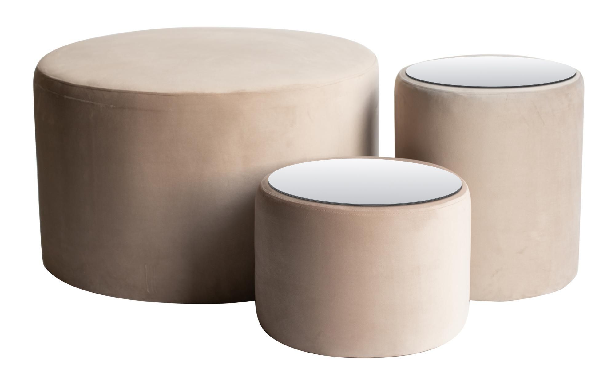 NORMAN TABLES, set of 3 round poufs with mirrored tops, beige