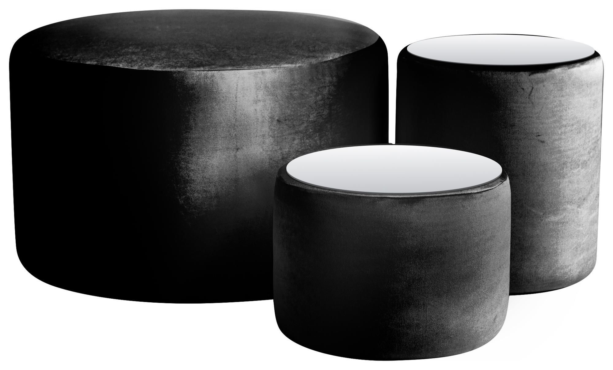 NORMAN TABLES, set of 3 round poufs with mirrored tops, black