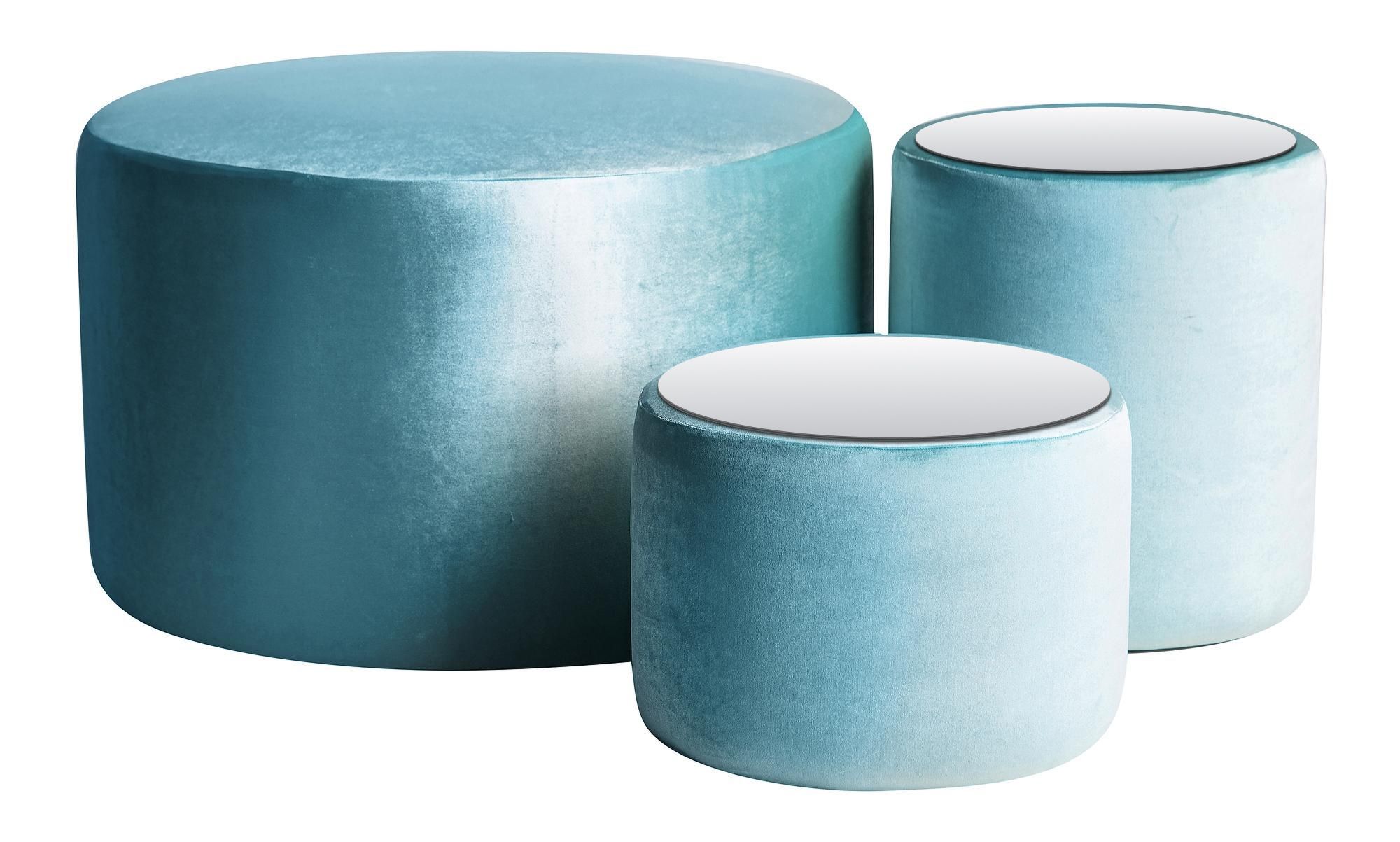 NORMAN TABLES, set of 3 round poufs with mirrored tops, ice blue