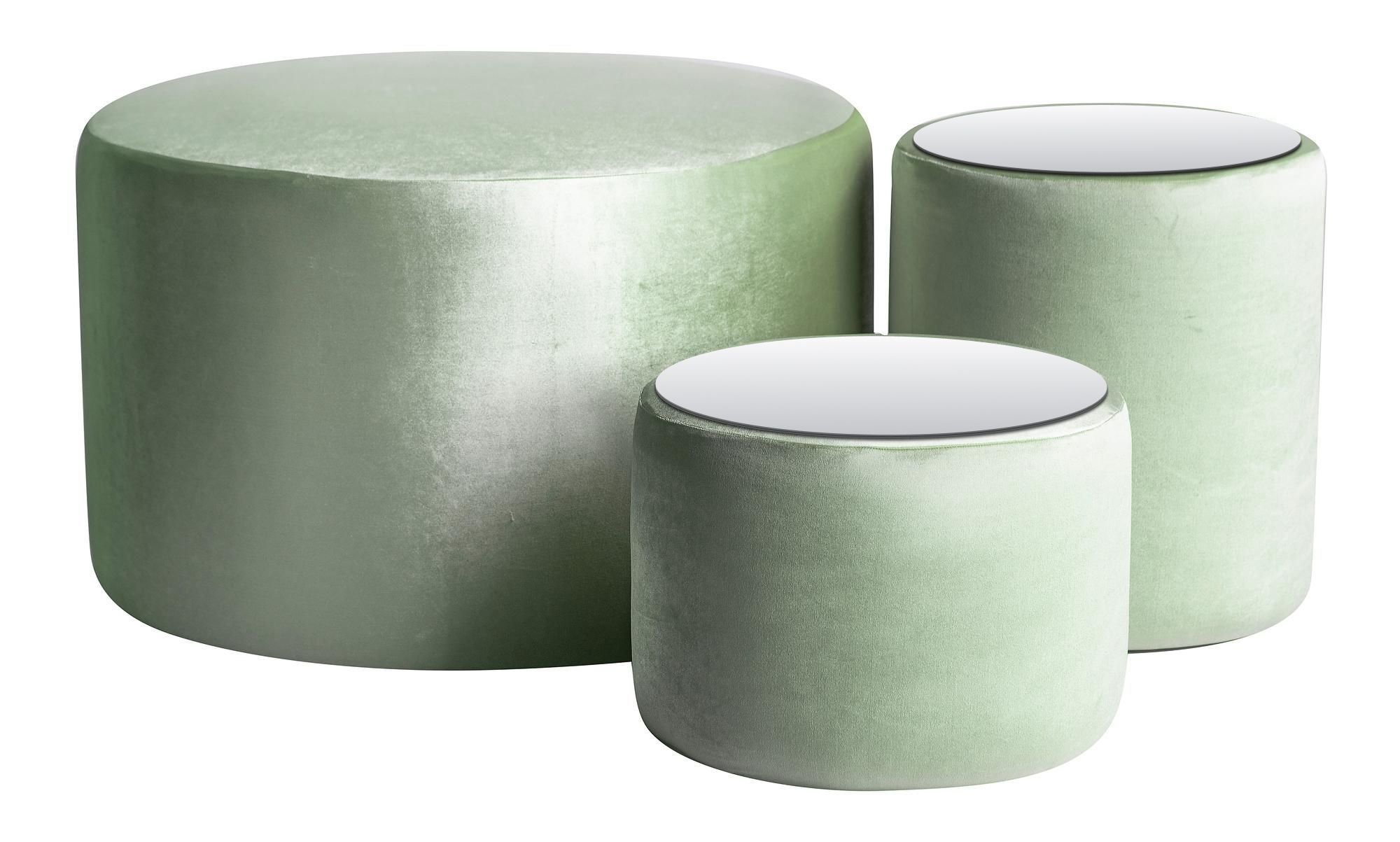 NORMAN TABLES, set of 3 round poufs with mirrored tops, ice fern