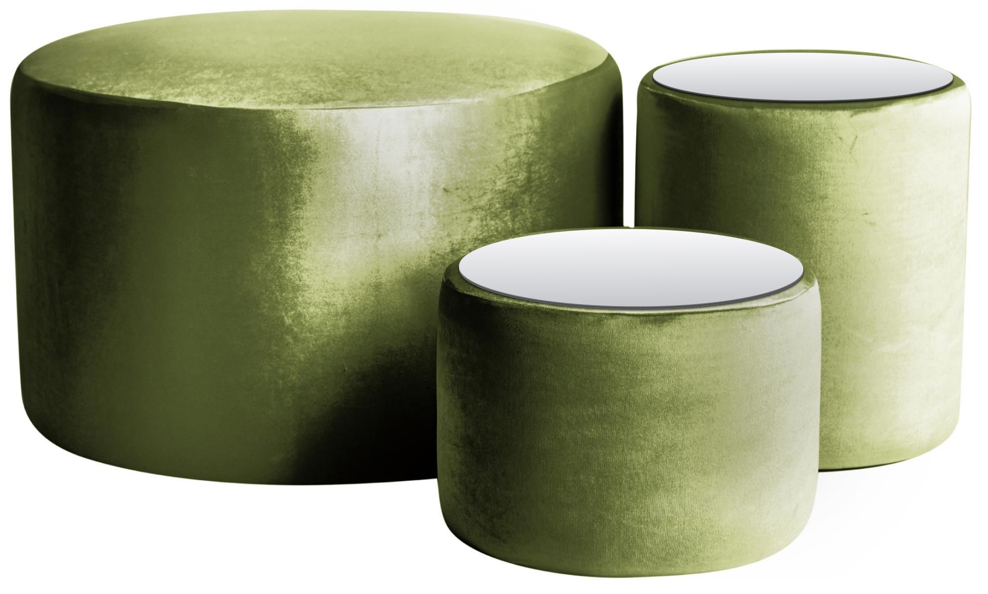 NORMAN TABLES, set of 3 round poufs with mirrored tops, ice green