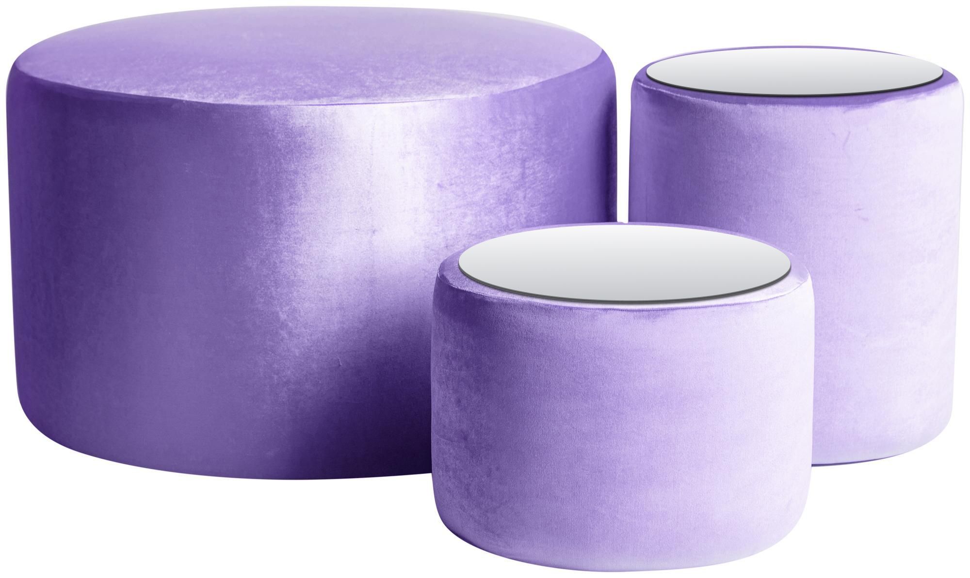NORMAN TABLES, set of 3 round poufs with mirrored tops, ice lavender