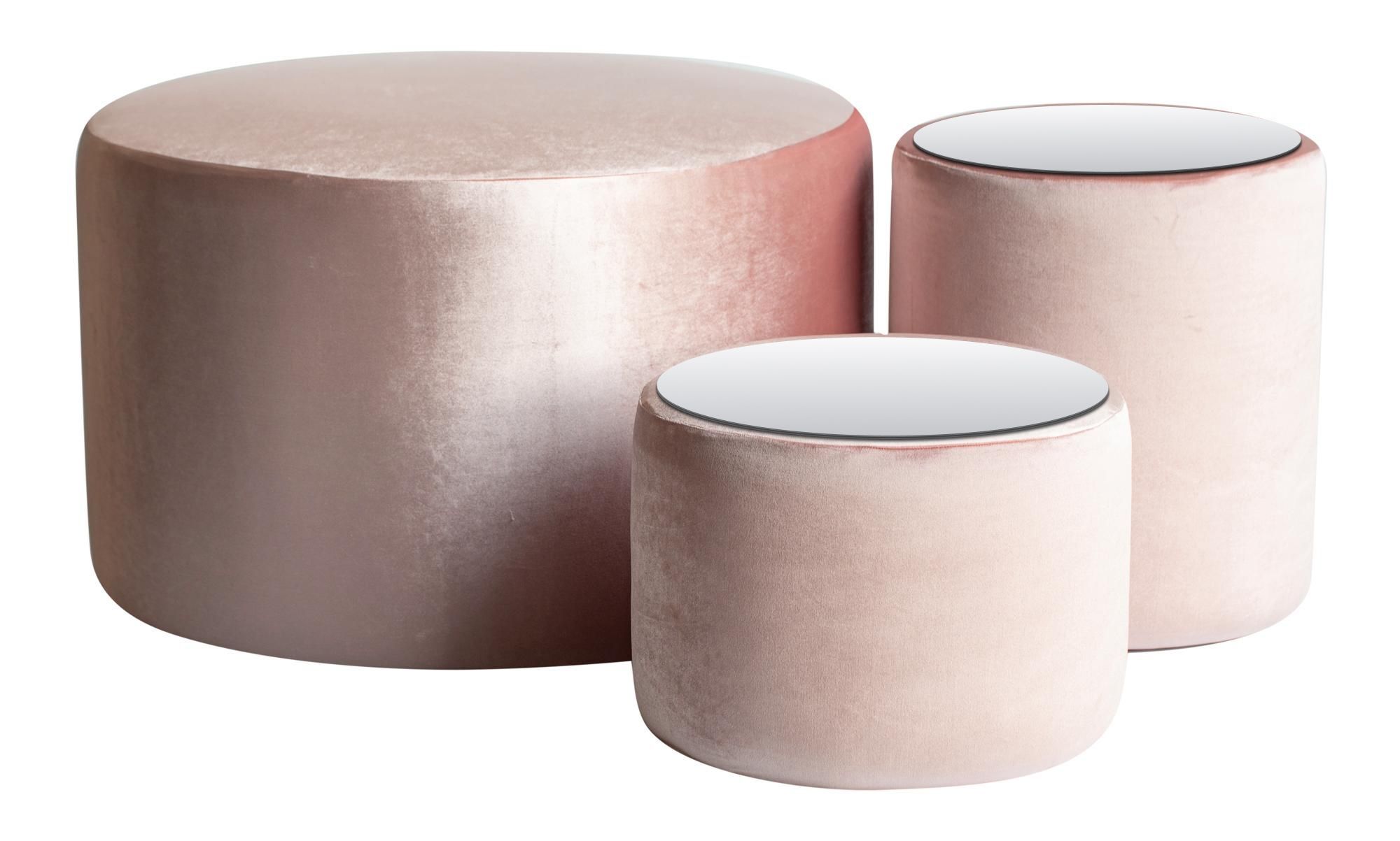 NORMAN TABLES, set of 3 round poufs with mirrored tops, ice pink