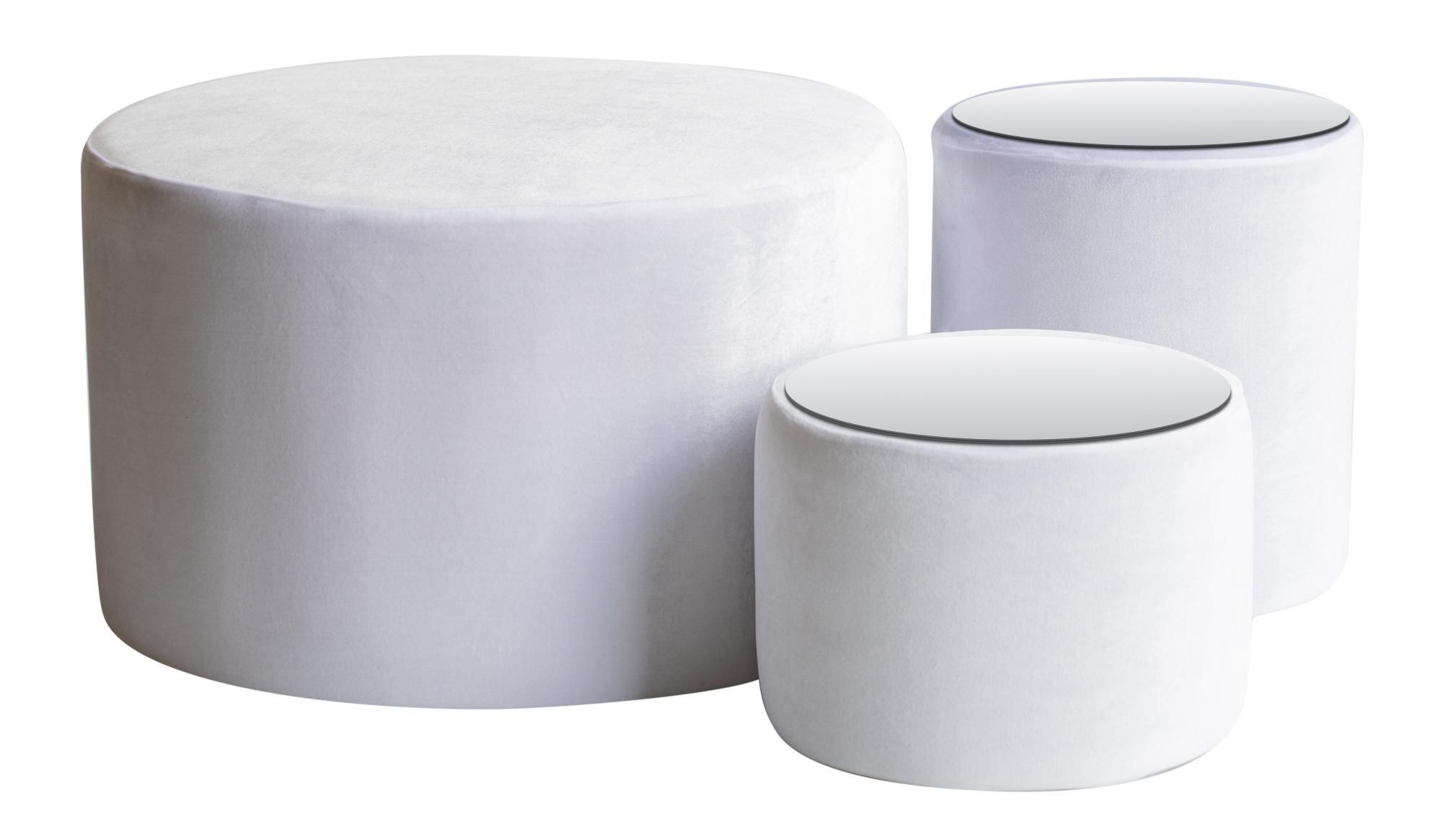 NORMAN TABLES, set of 3 round poufs with mirrored tops, ice white