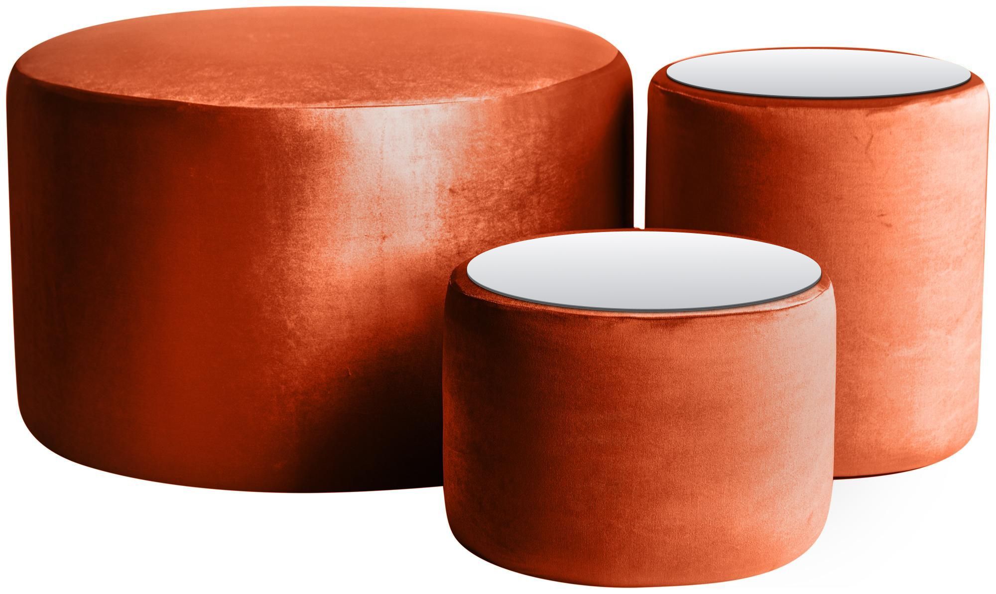 NORMAN TABLES, set of 3 round poufs with mirrored tops, pumpkin color