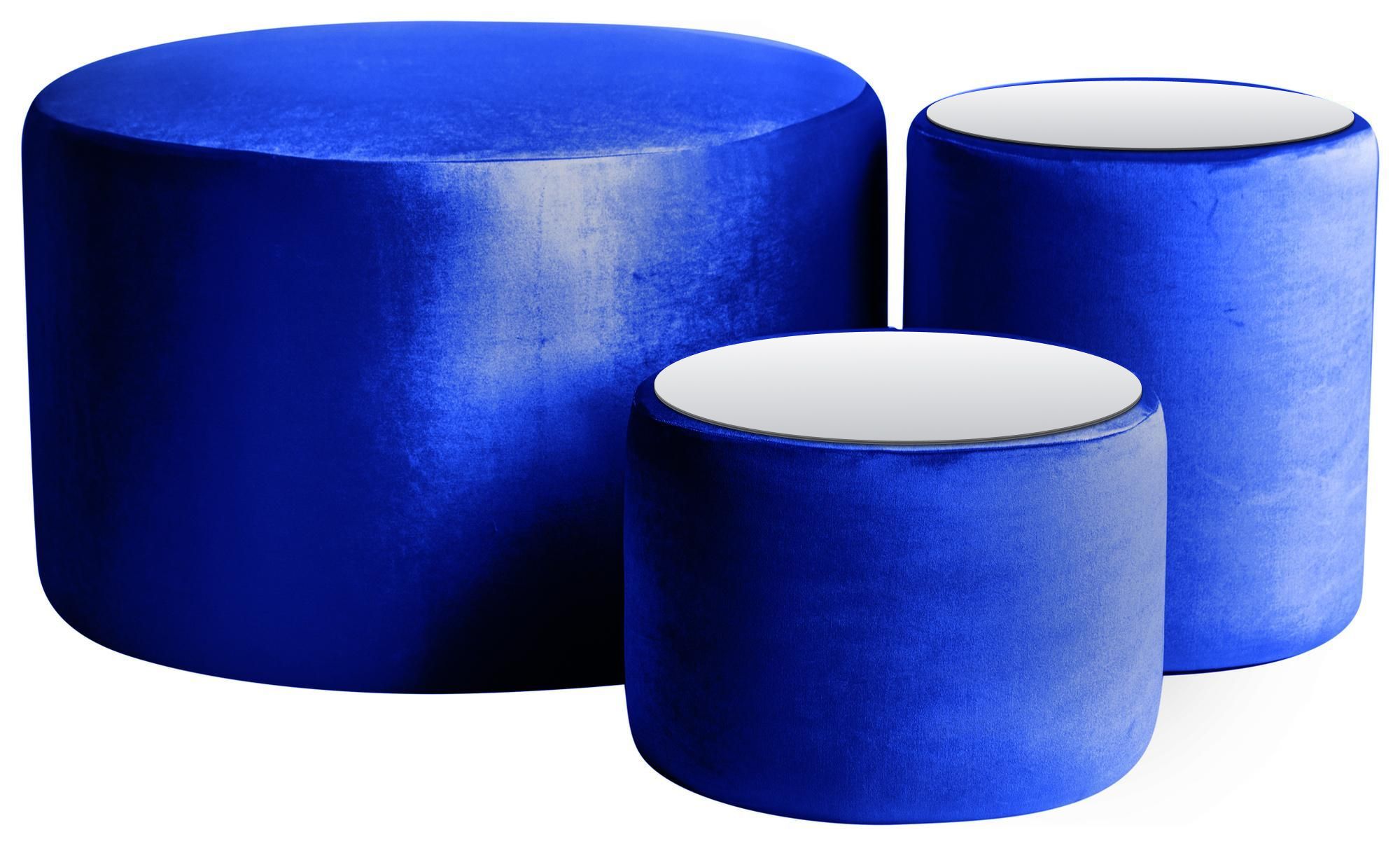 NORMAN TABLES, set of 3 round poufs with mirrored tops, royal blue
