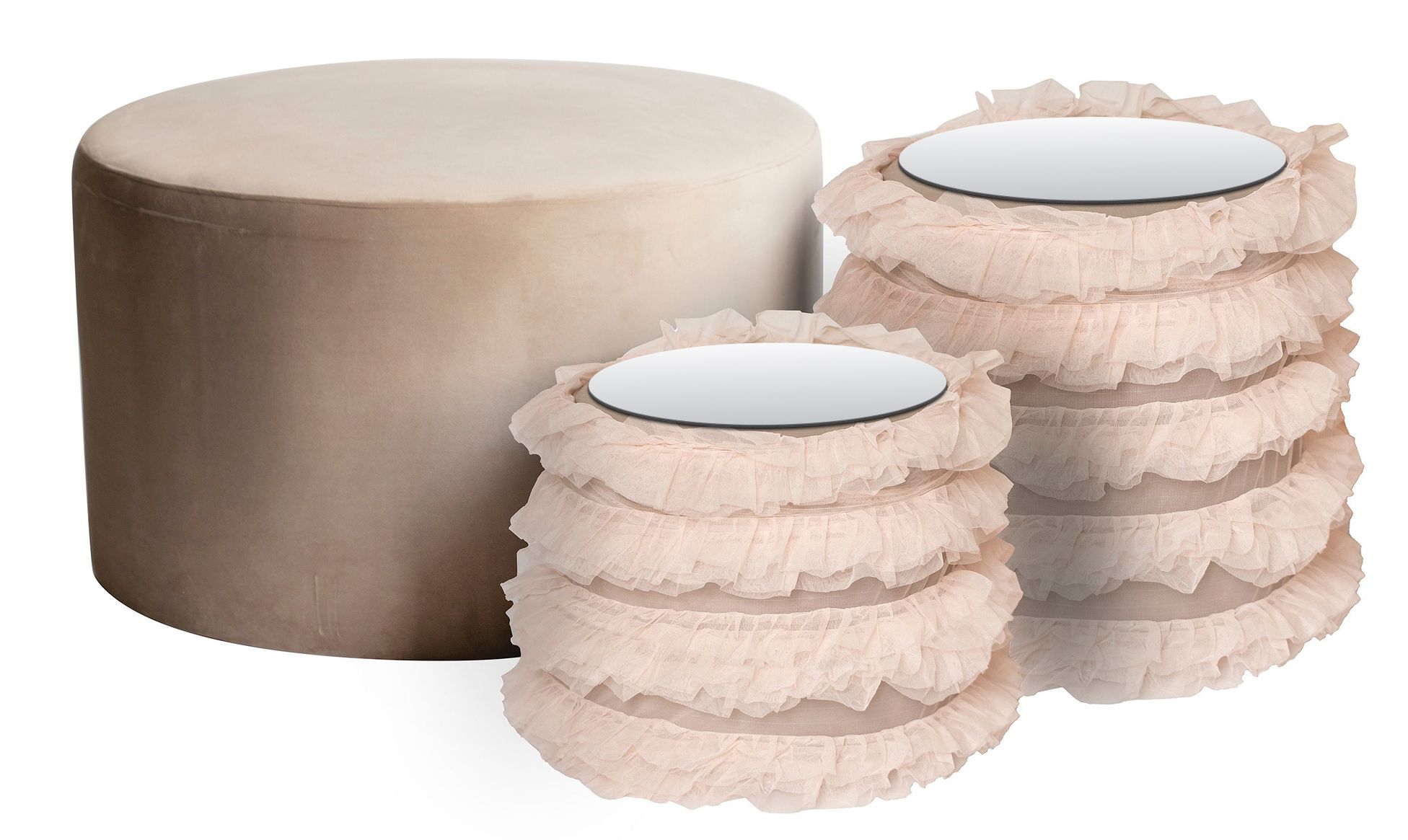 RUFFLES TABLES, set of 3 round poufs with mirrored tops
