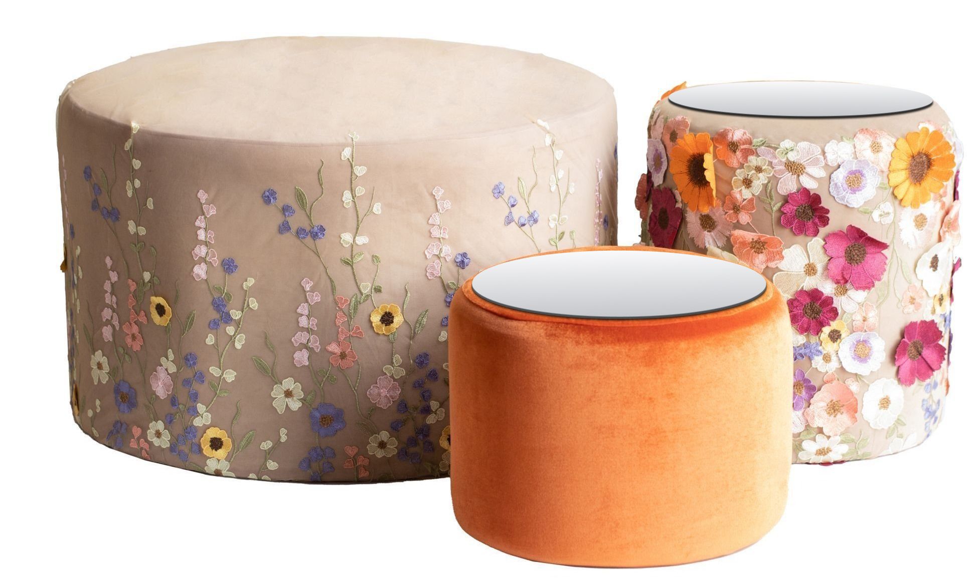 SCHOLL TABLES, set of 3 round poufs with mirrored tops, embroidery