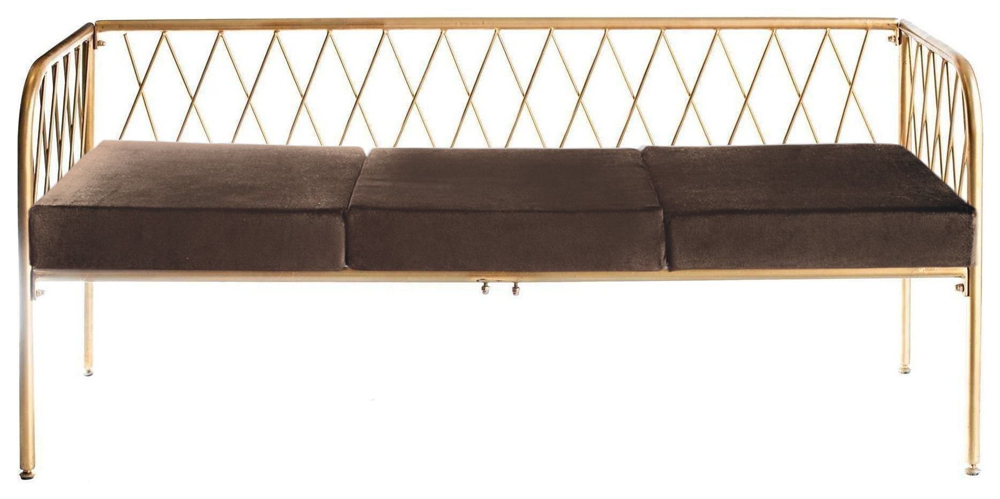 Lounge bench with gold metal frame and velvet cushion(s), visually light centerpiece setup (rental, Dubai).