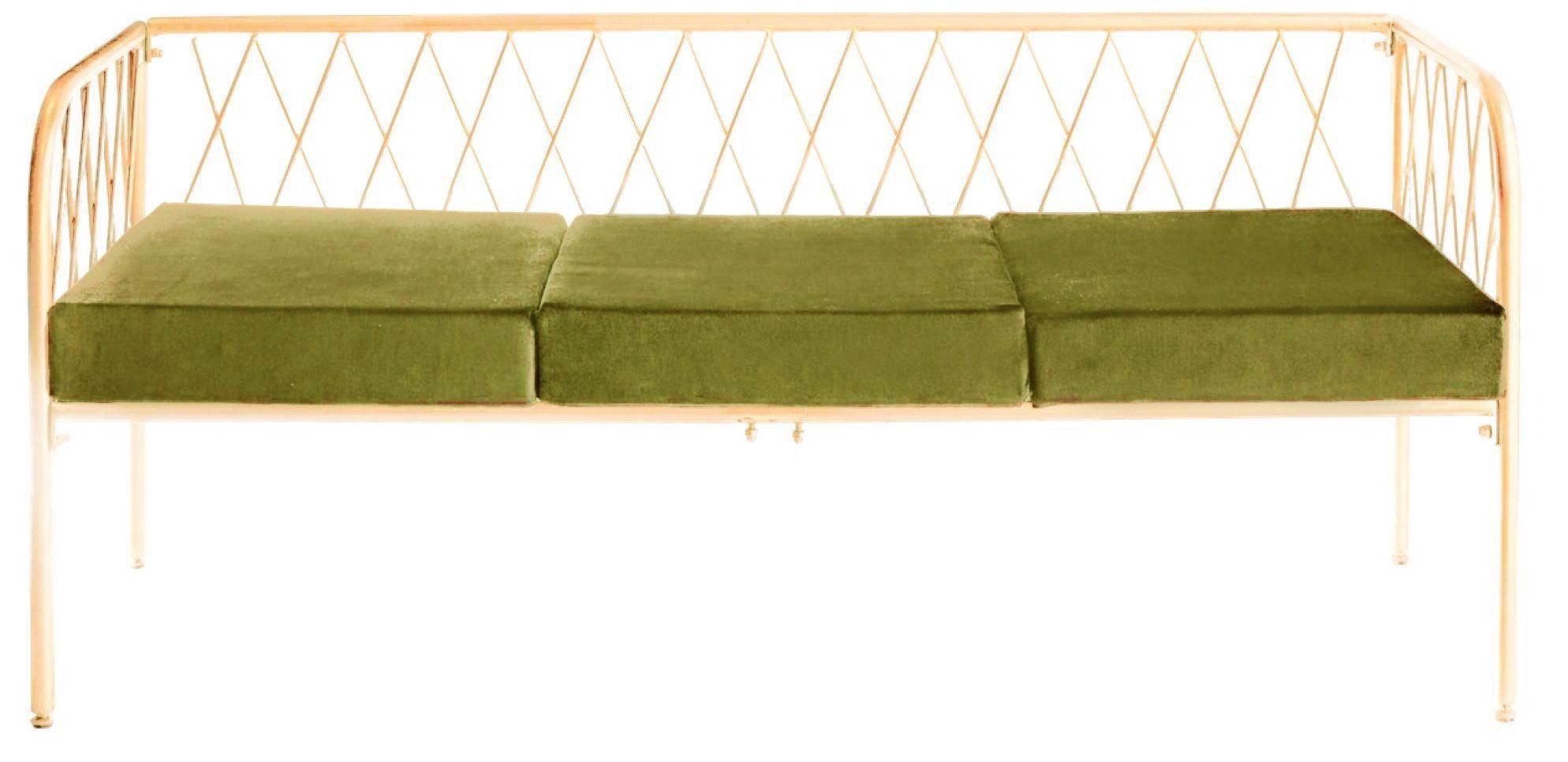 Lounge bench with gold metal frame and velvet cushion(s), visually light centerpiece setup (rental, Dubai).