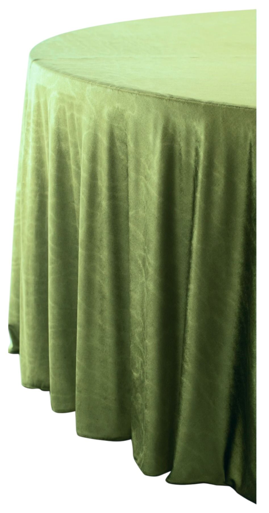 Pearlescent velvet round tablecloth, floor-length on a 180 cm table, with heavy vertical folds.