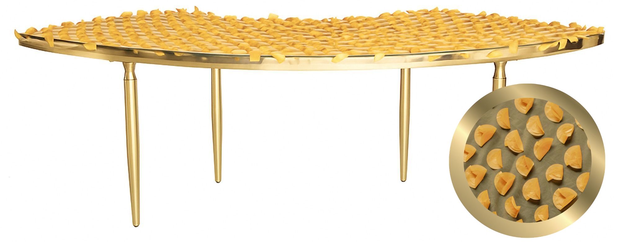 Gold serpentine table with a unique designer fantasy tabletop.