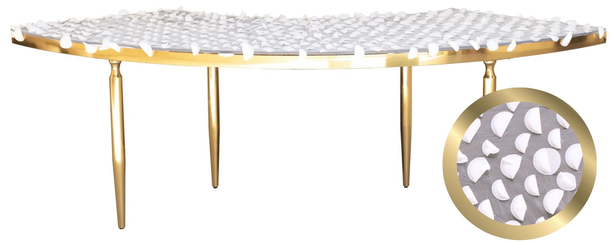 Gold serpentine table with a unique designer fantasy tabletop.