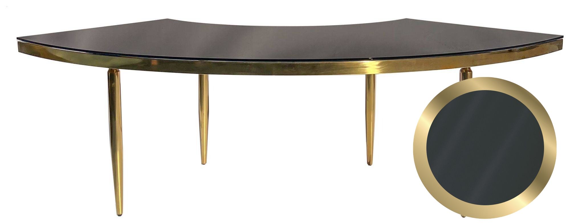 Gold metal table with a glossy black tempered glass top, styled for premium evening events.