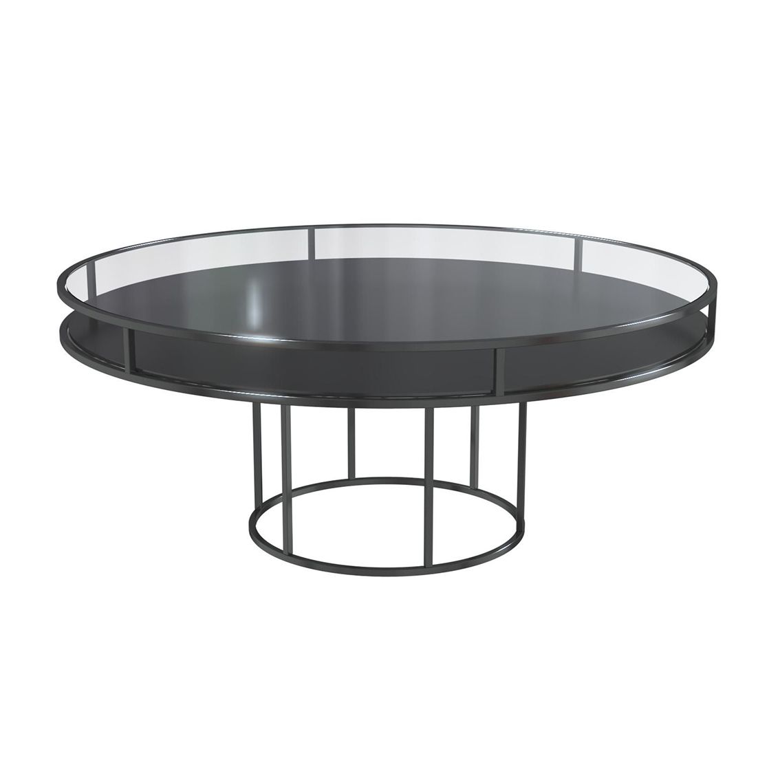 Black round CORNELL table with black plastic shelve and clear glass top