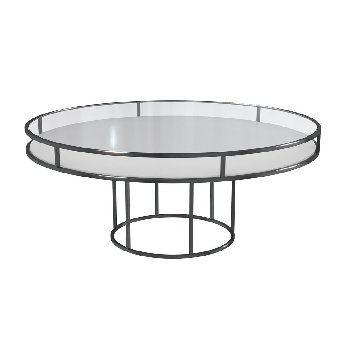 Black round CORNELL table with white plastic shelve and clear glass top