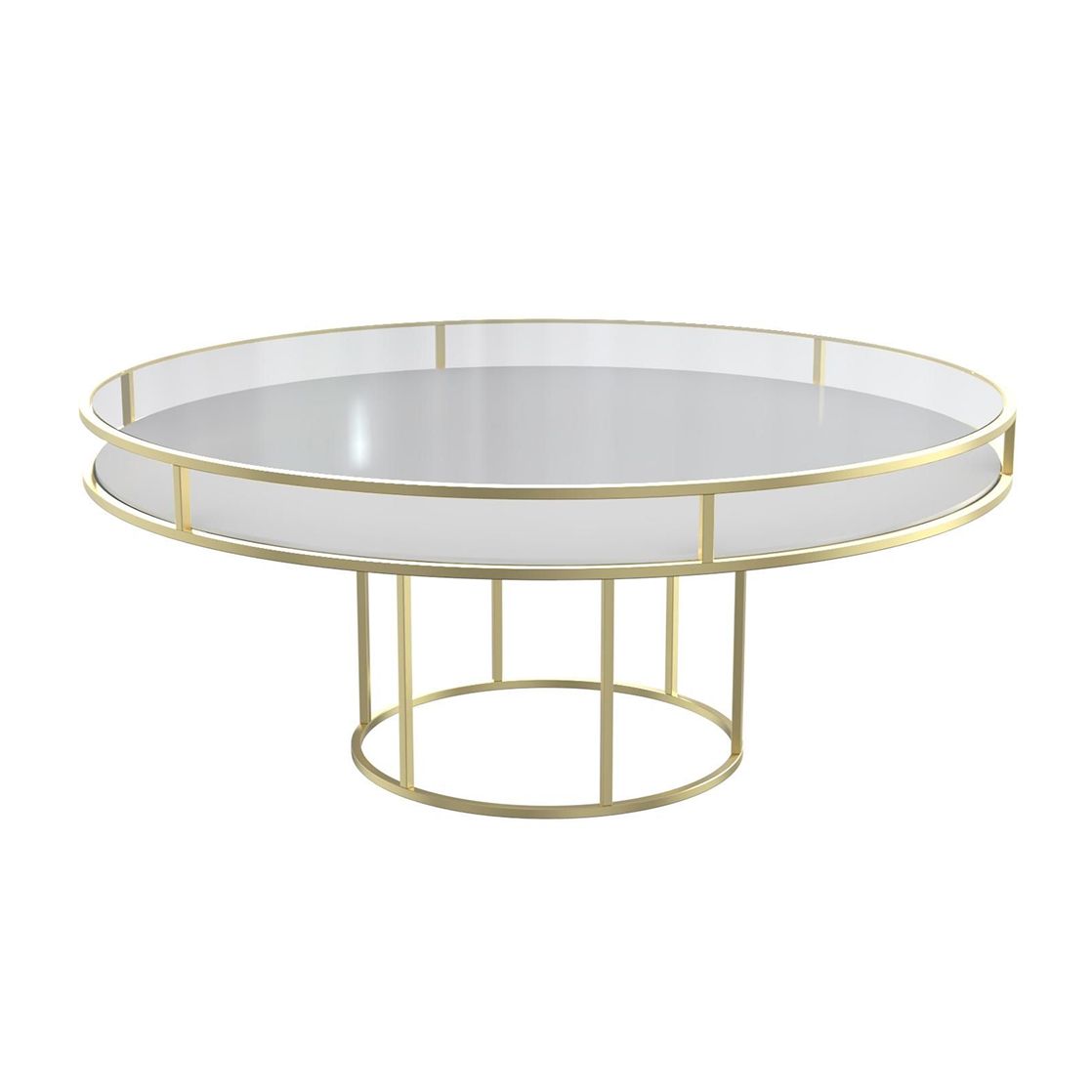 Gold round CORNELL table with white plastic shelve and clear glass top