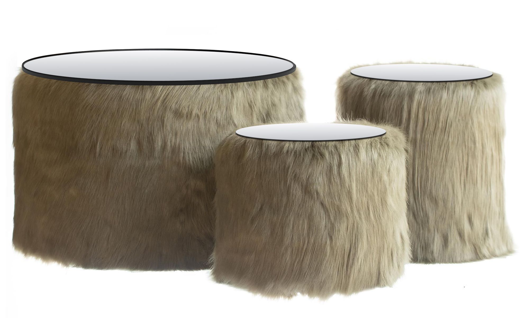 NORMAN FUR TABLES, set of 3 round poufs with mirrored tops, green fur #824