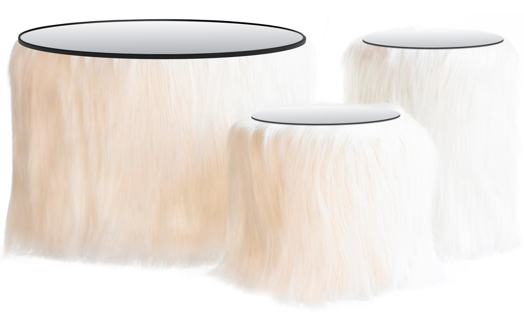 NORMAN FUR TABLES, set of 3 round poufs with mirrored tops, white fur #823