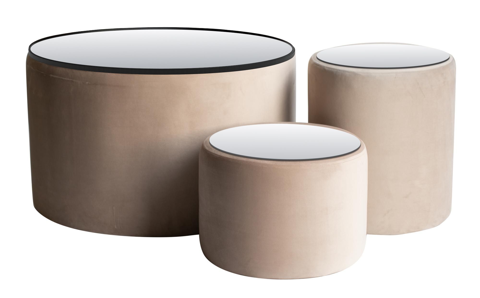 NORMAN TABLES, set of 3 round poufs with mirrored tops, beige #103