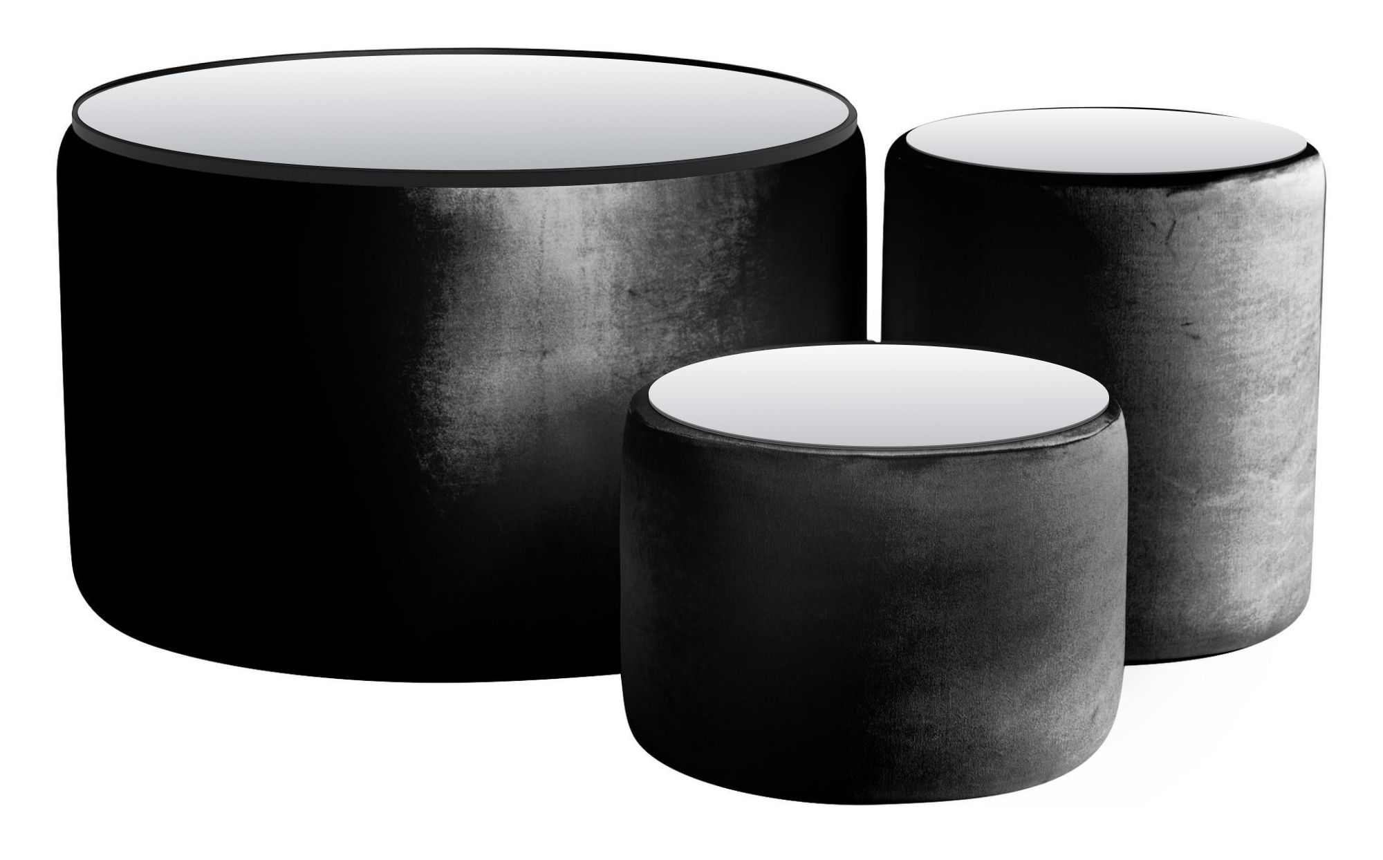 NORMAN TABLES, set of 3 round poufs with mirrored tops, black #112