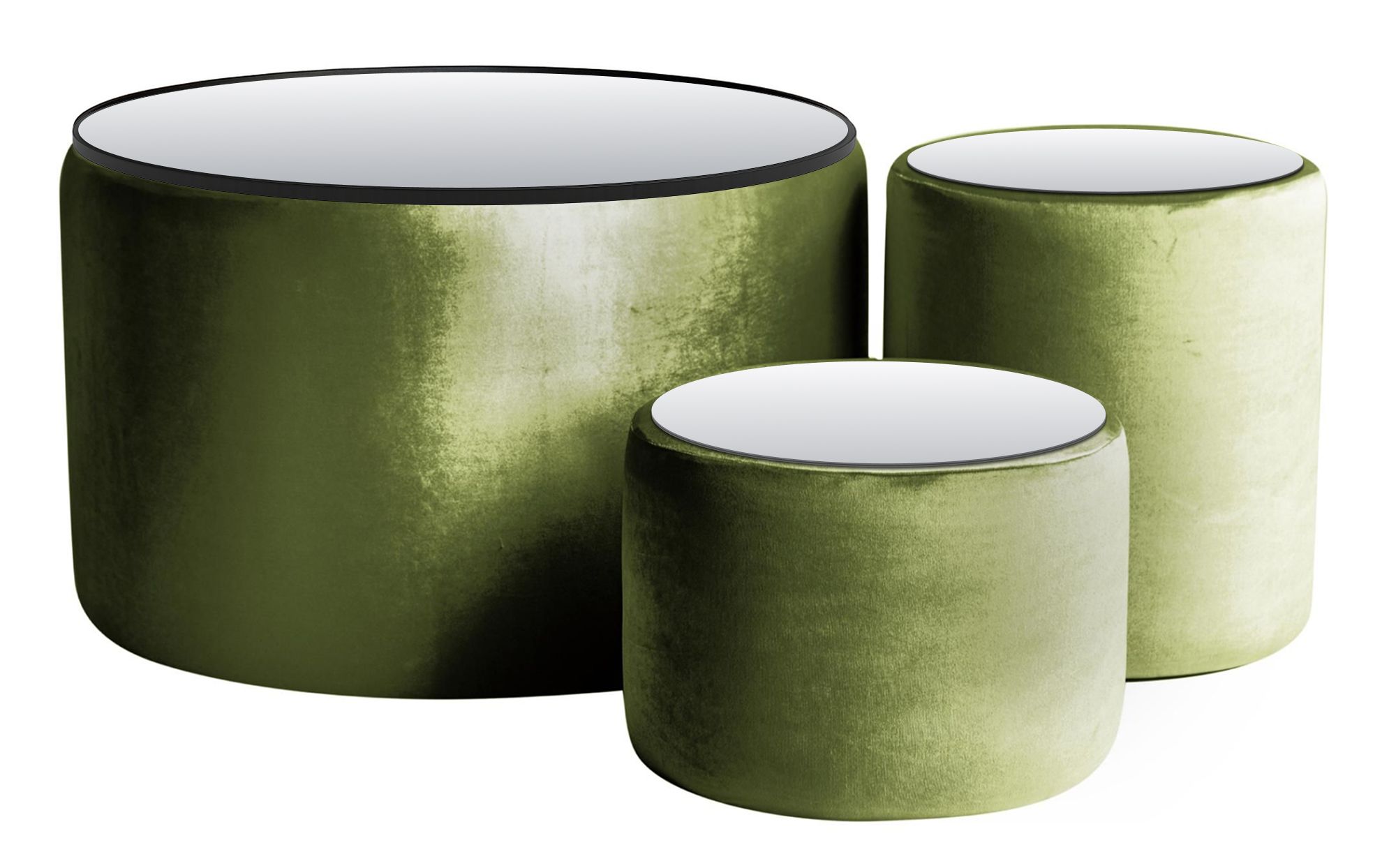 NORMAN TABLES, set of 3 round poufs with mirrored tops, ice green #315