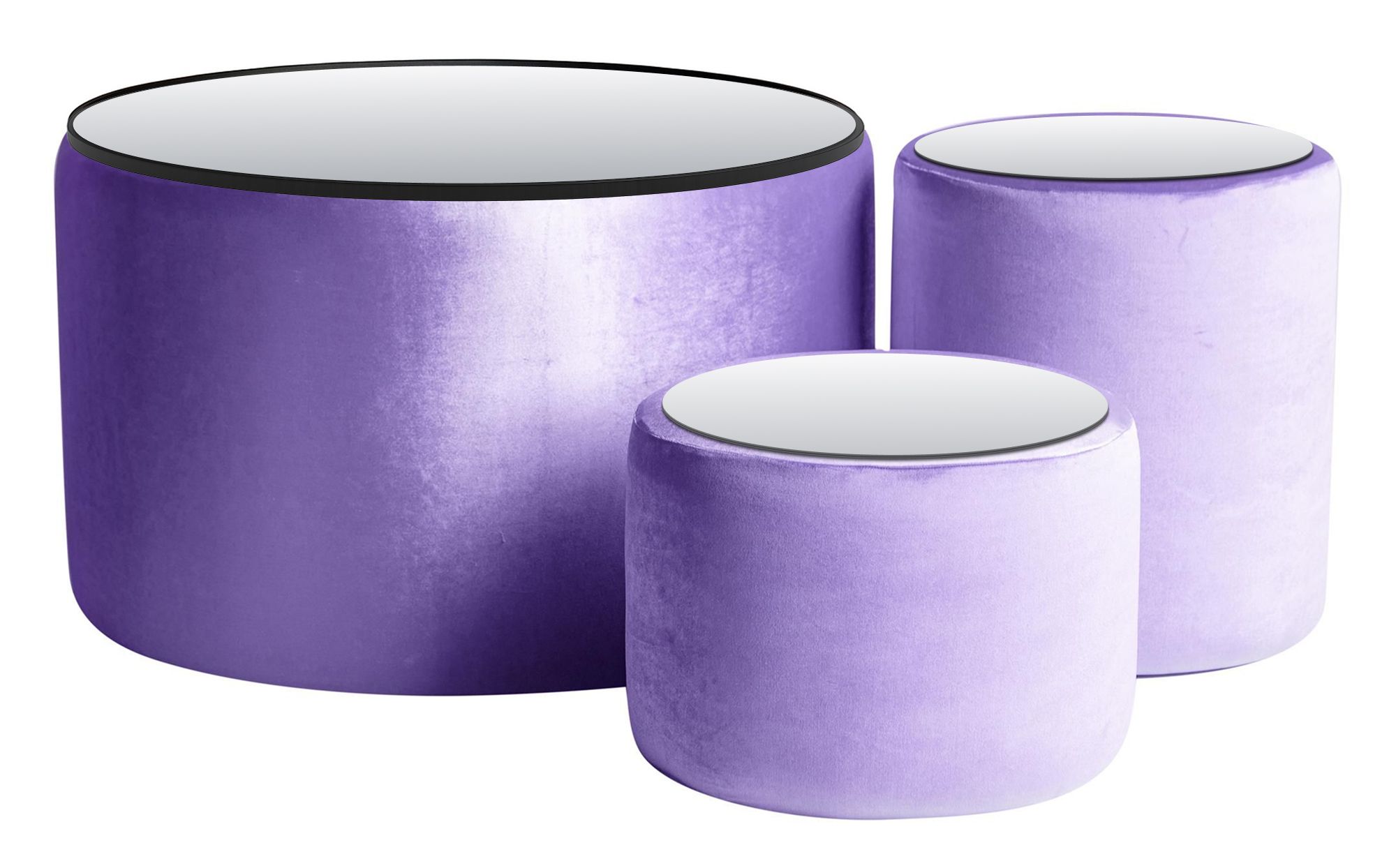 NORMAN TABLES, set of 3 round poufs with mirrored tops, ice lavender #337