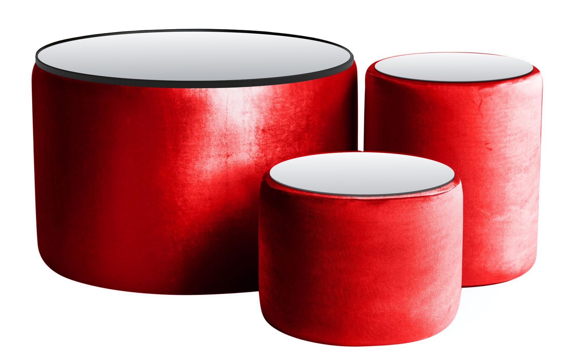 NORMAN TABLES, set of 3 round poufs with mirrored tops, ice red #342