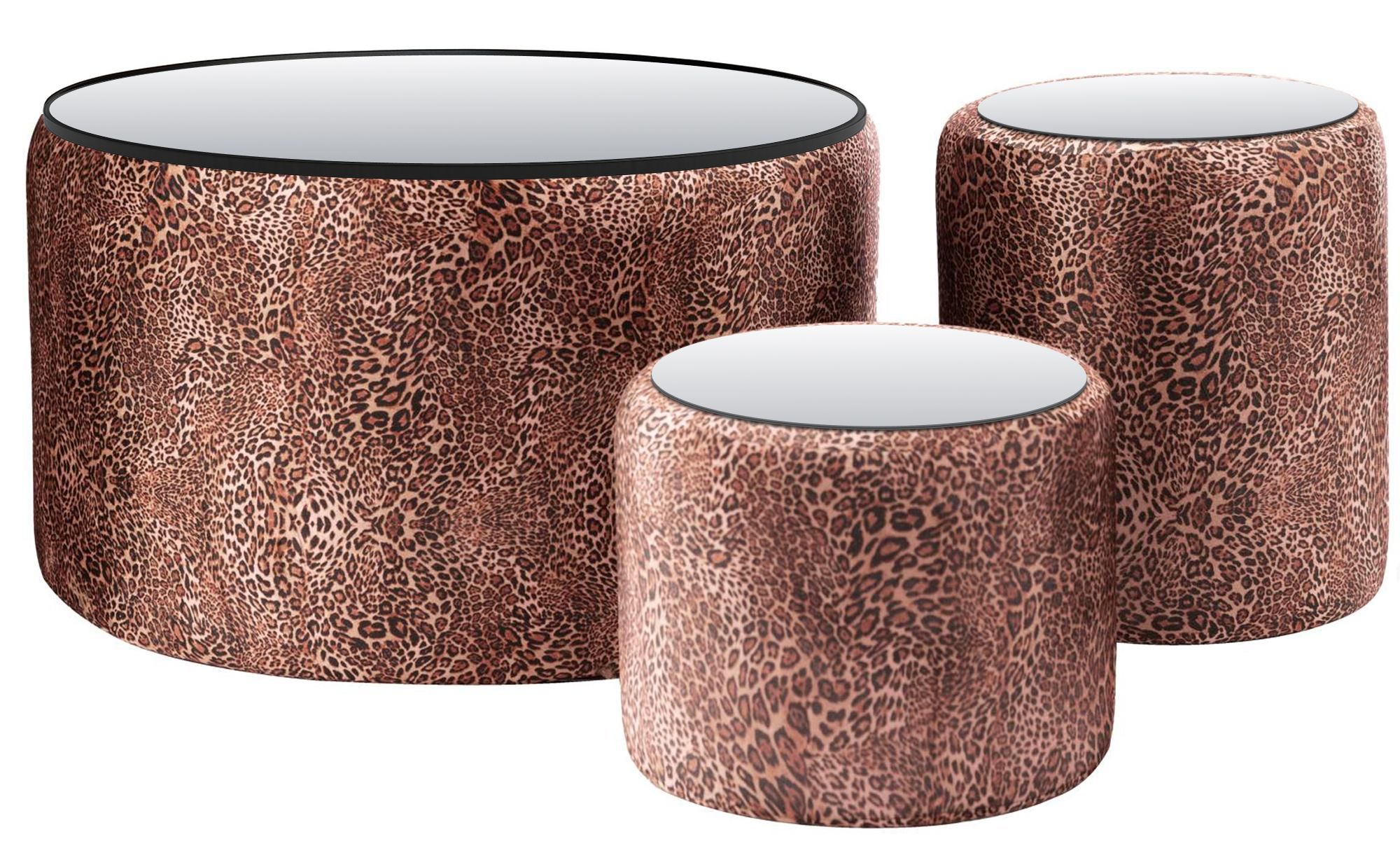NORMAN TABLES, set of 3 round poufs with mirrored tops, leopard print #343