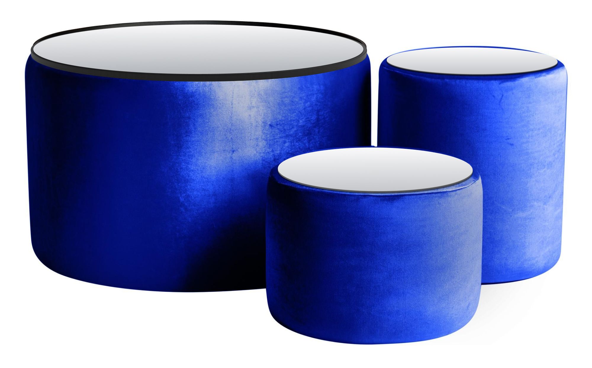 NORMAN TABLES, set of 3 round poufs with mirrored tops, royal blue #346