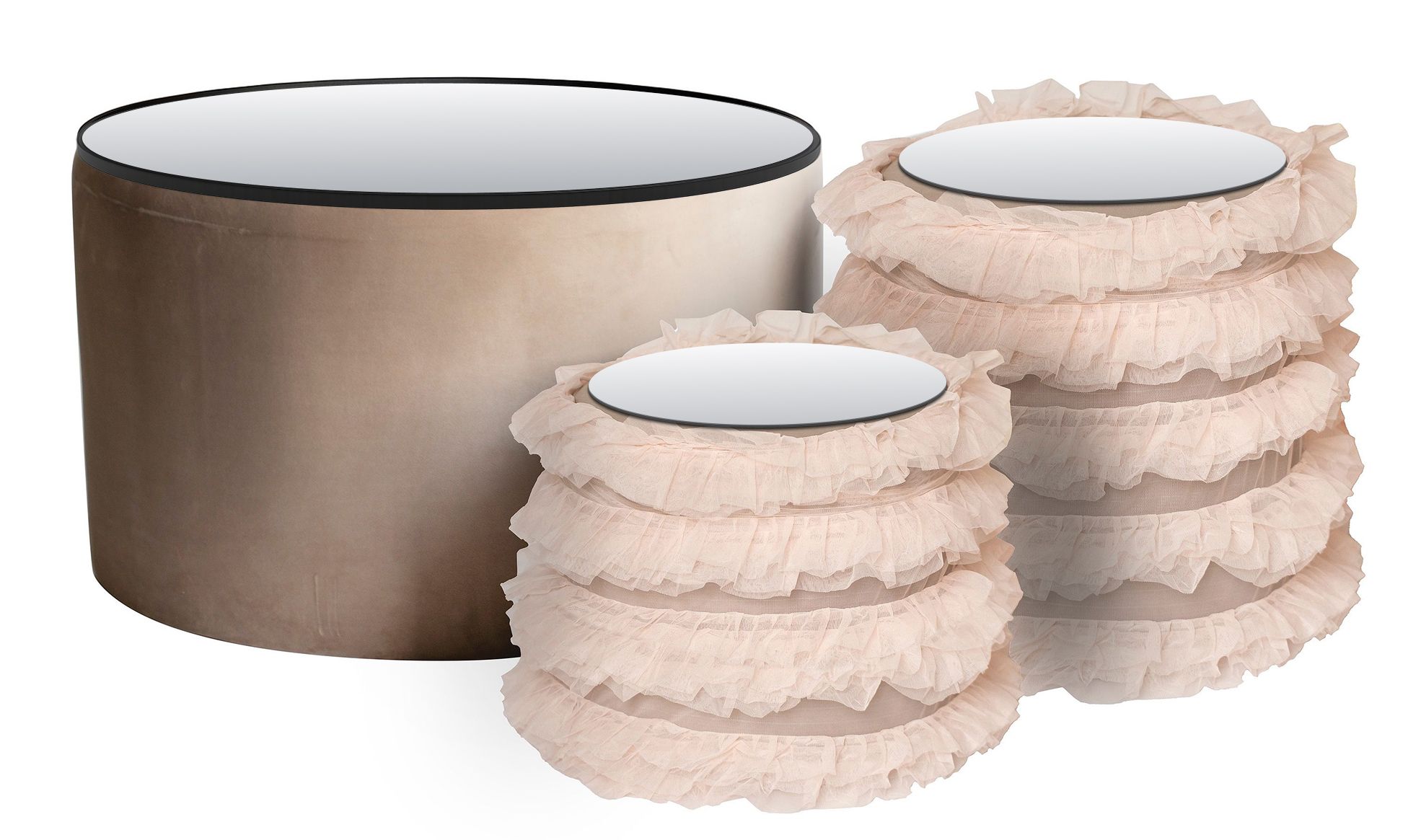 RUFFLES TABLES, set of 3 round poufs with mirrored tops, #815